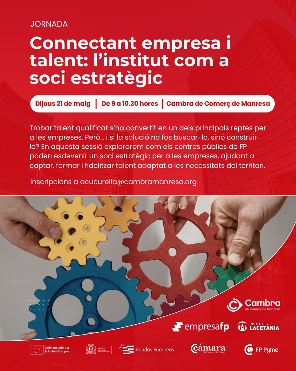 Cambramanresa's tweet photo. No trobeu talent? Potser toca construir-lo.

En aquesta jornada amb l'@inslacetania explicarem com l'FP i l'FP dual poden ajudar a captar, formar i fidelitzar talent adaptat a l’empresa.

📅 21 de maig a les 9 h.
🔗 https://t.co/JslEq7Scfb https://t.co/QrVM5CZX47