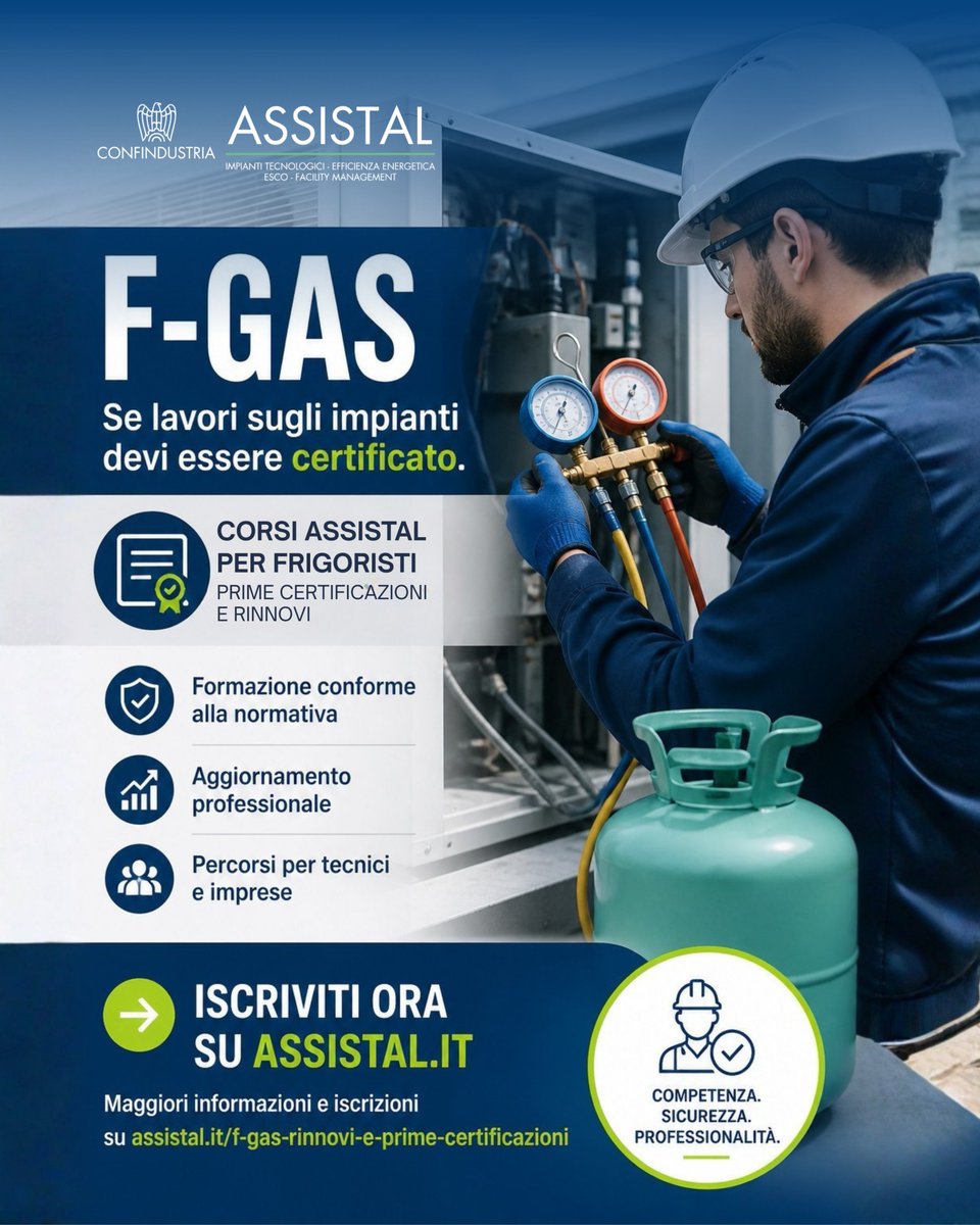 assistal's tweet photo. 🗓️ #ASSISTAL organizza i corsi per frigoristi per conseguire le prime certificazioni e per i rinnovi, pensati per tecnici e imprese che vogliono operare nel rispetto dell'ambiente e della normativa vigente, con competenze sempre aggiornate.

Scopri di più: https://t.co/WAPv410p9M https://t.co/vNBs4I1GOS