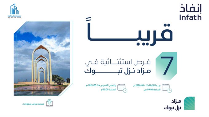 Mzad__SA's tweet photo. 🔸نزل تبوك🔸
🗓 التاريخ : الثلاثاء 2026/5/12
📍 المدينة: تبوك
🏢 المزاد: #نزل_تبوك
📌 نوع المزاد: إلكتروني
⚖ وكيل البيع: مؤسسة أعمال مراسيم للخدمات العقارية @mrasym401
💻 المنصة: مباشر للمزادات
🔗 رابط المزاد: https://t.co/V4eDszdtQx

ــــــــــــــــــــــــــــــــــــــــــــــــــــــ

📲 للتواصل واتساب: 0530880648
📢 اشترك في قناة #مزاد_السعودية على الواتساب لتصلك أخبار المزادات أولاً بأول:
🔗 https://t.co/9FDZrQqOxF

#مزادات #عقارات #Mzad_SA #مزاد_السعودية #مزادات_عقارية
