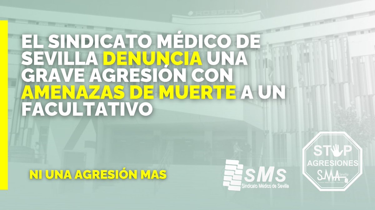 sindicatomedsev's tweet photo. 📢 El Sindicato Médico de Sevilla denuncia una grave agresión con amenazas de muerte a un facultativo

📌 Desde el Sindicato Médico de Sevilla queremos trasladar nuestro apoyo al compañero afectado y denunciar, una vez más, la situación de vulnerabilidad a la que se exponen los facultativos/as con el conjunto de profesionales sanitarios en el ejercicio de su trabajo.

🟥 Ni una agresión más

Más información en ➡ https://t.co/uYxmfFVnF1