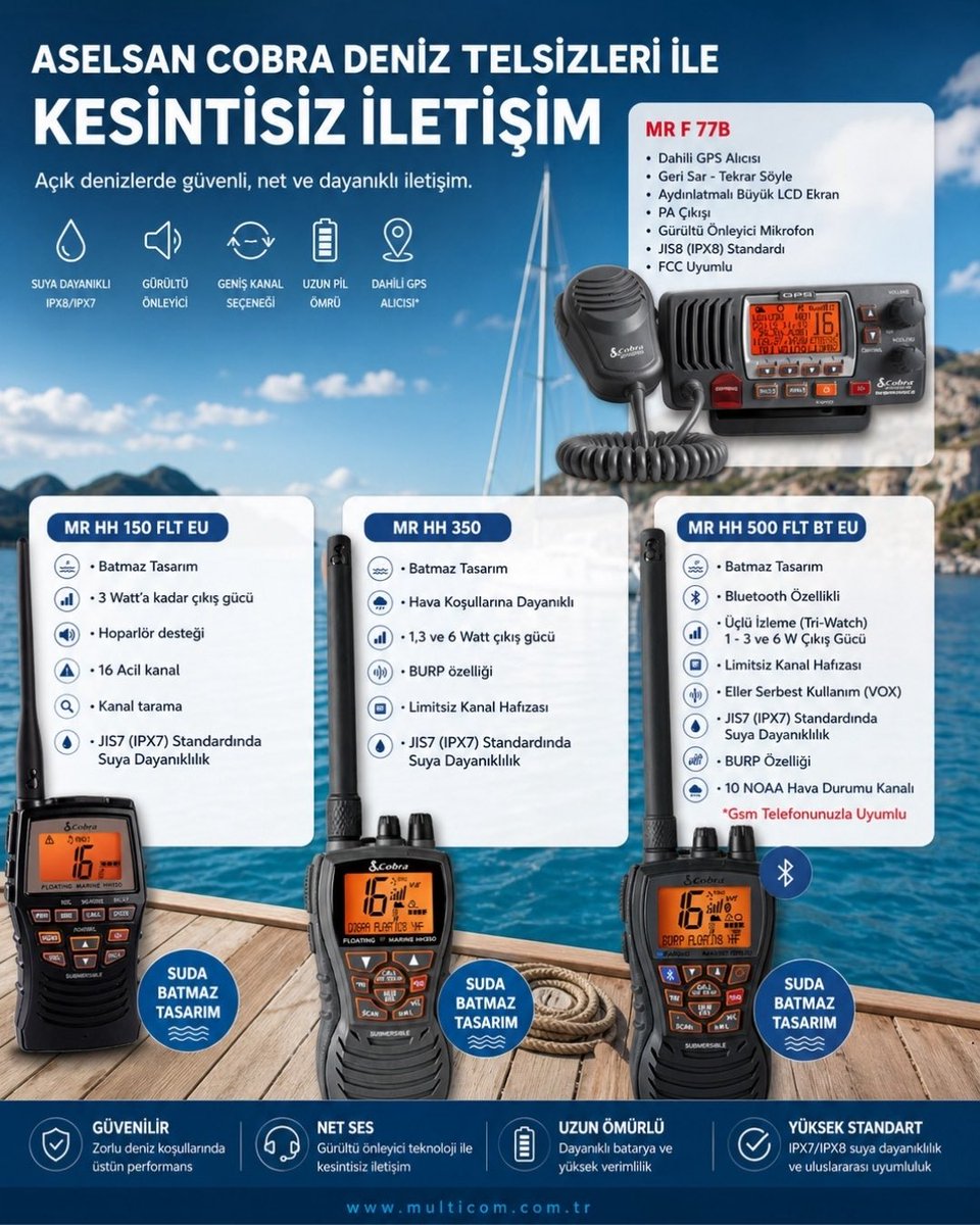 multicom_ltd's tweet photo. Suya dayanıklı tasarım, güçlü ses performansı, geniş kanal seçenekleri, GPS özellikleri ve uzun pil ömrüyle Cobra deniz telsizleri; zorlu deniz şartlarında iletişiminizin daima açık kalmasına destek olur.

#AselsanCobra #DenizTelsizi #VHFMarineRadio #Kesintisizİletişim https://t.co/PUfLB4Q8fm