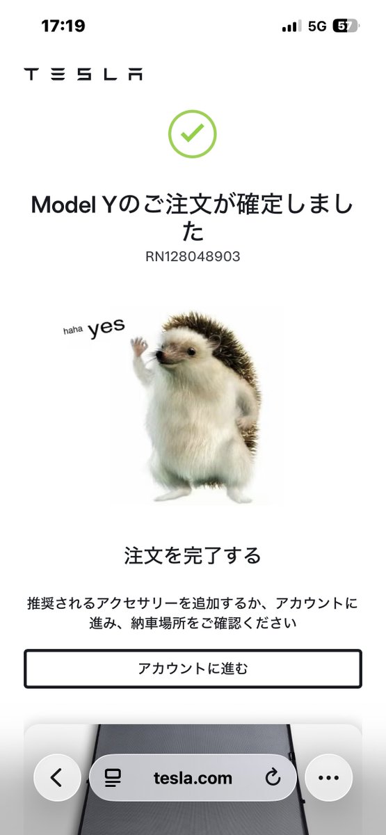 うおおっ、テスラモデルYポチってしまったー！
スマホで簡単に買えるとは。
三年間燃料代無料キャンペーン〆切迫ってるのでかなり強引に決めた。

納車楽しみすぎる！