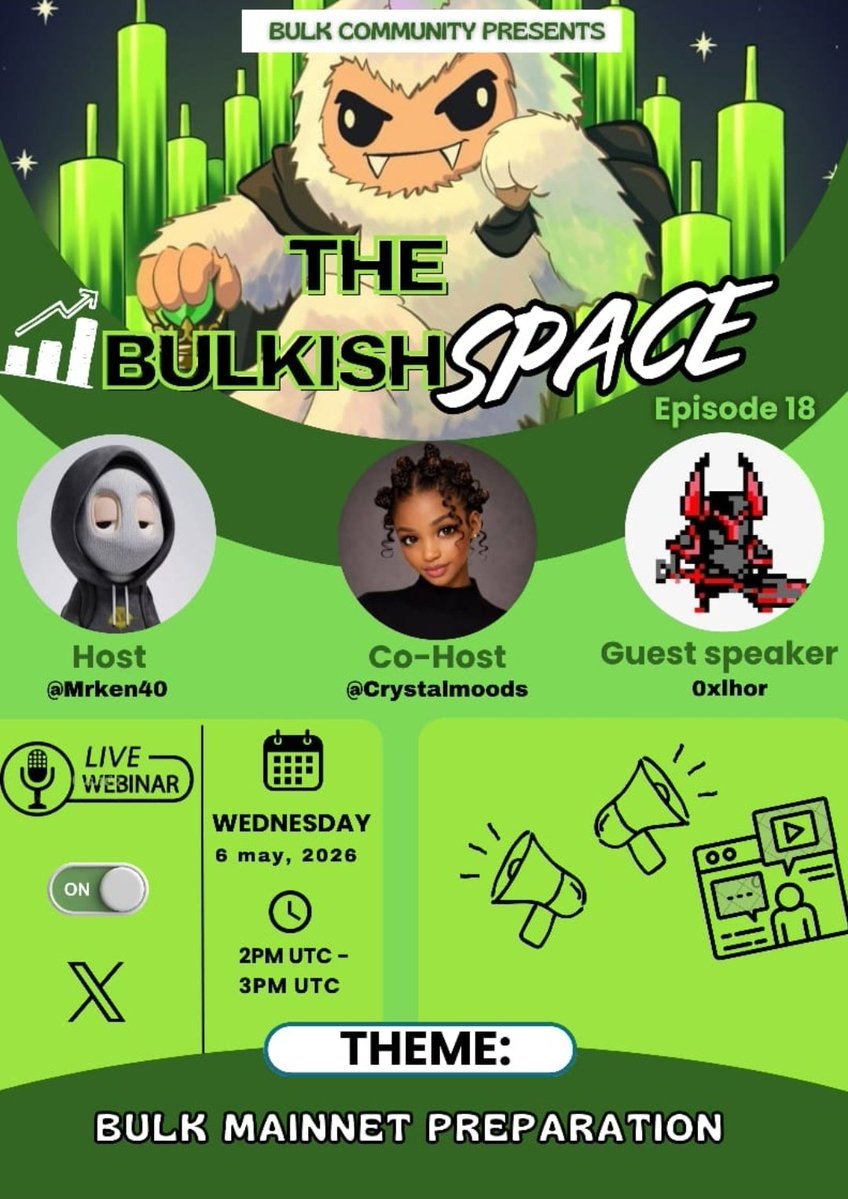 Good morning CT

Episode 18 with <a href="/bulktrade/">BULK</a> talking about the upgrade and preparations towards mainnet... 

Don't miss it by 2pm UTC today.... gBulk✨️

#Bulk
