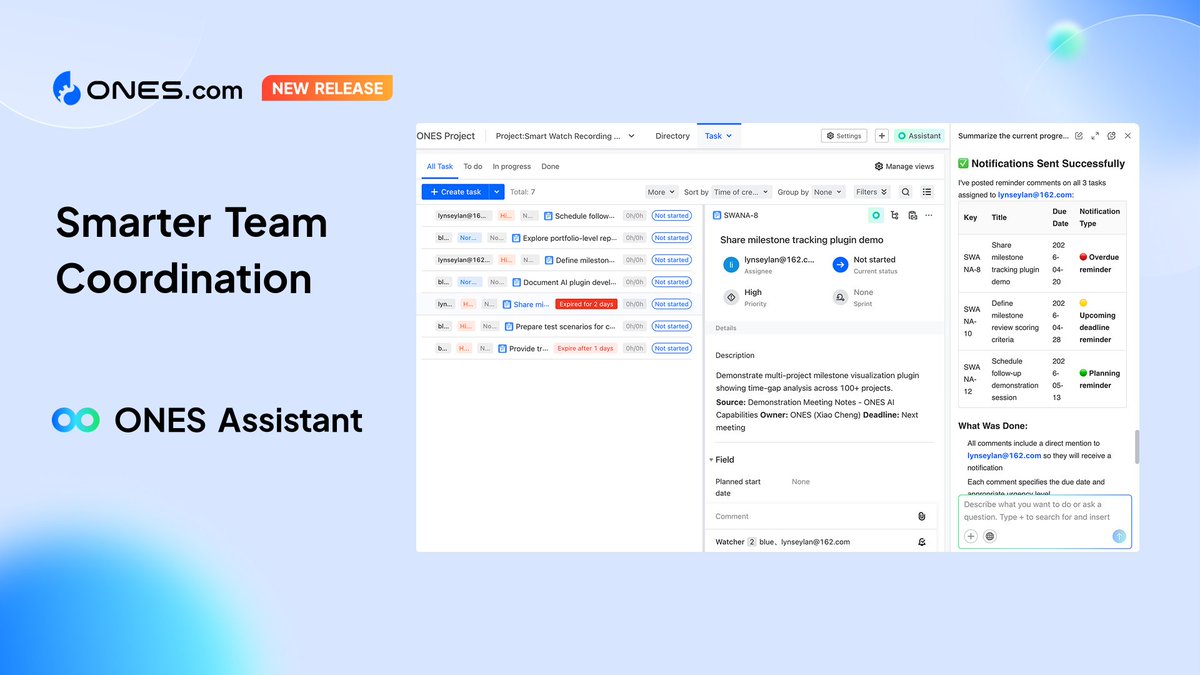ONES_dot_com's tweet photo. Execution breaks in the gaps between updates and action. 

A blocker in a comment.

A review waiting too long.

No clear next step.

ONES Assistant helps you catch what follow up needs now.

#AtlassianAlternative #JiraAlternative #Agent https://t.co/hijkSYHKEB