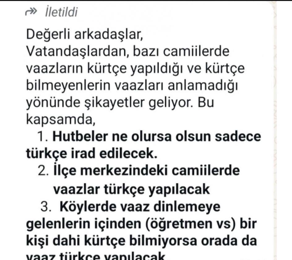 dailyislamist's tweet photo. 🔴 Ağrı’nın Diyadin ilçesinde müftülük, vaazların ve hutbelerin Türkçe okunmasına yönelik kesin talimat verdi:

“Bir kişi bile Kürtçe bilmiyorsa orada da vaaz Türkçe yapılacak.”