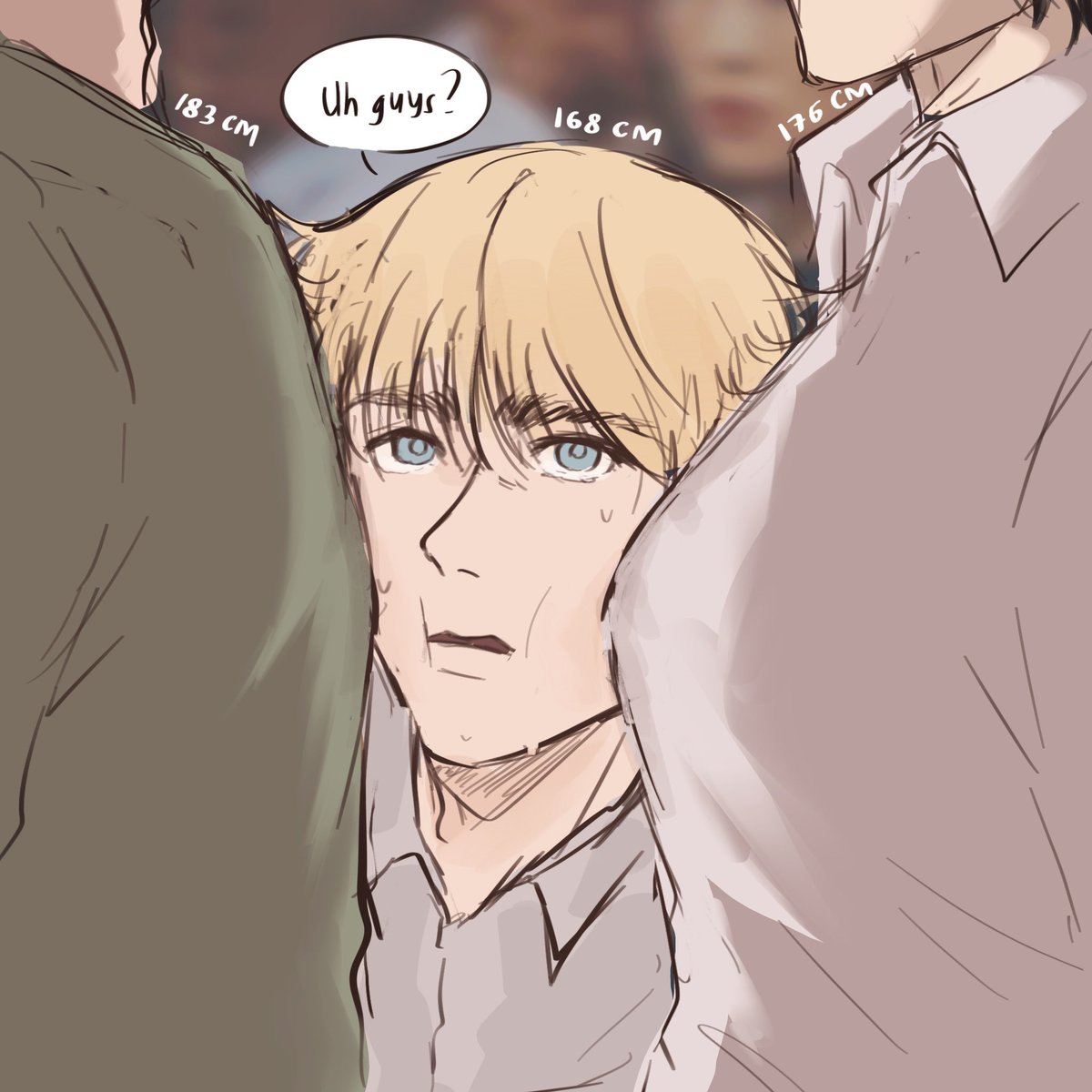 i know armin isn’t that short but i need to draw him in this situation #armin #eren #mikasa #aot