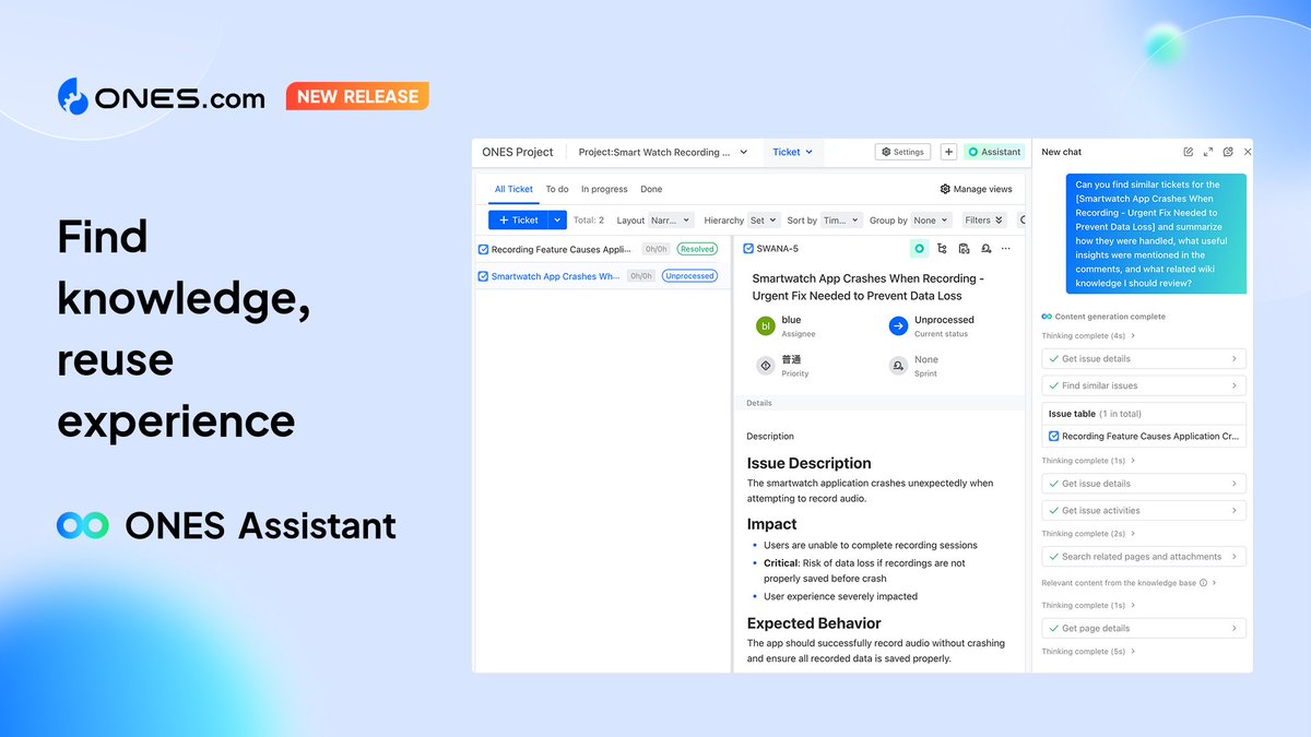 ONES_dot_com's tweet photo. The answer is often already in your system. 

Teams lose time not because knowledge is missing, but because it is hard to find. 

ONES Assistant helps surface the right context faster.

#AtlassianAlternative #JiraAlternative #Agent https://t.co/AP3paFi97h