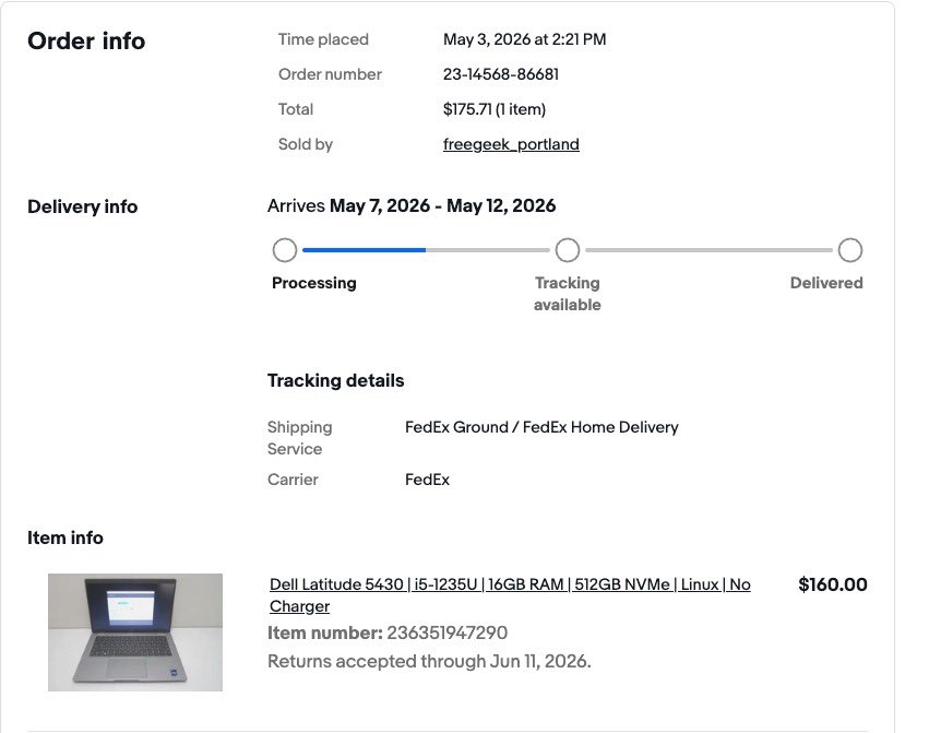 Posting this as a reminder for you to clear your carts/order the items you’ve since bookmarked from our page. 😉

Order Placed For : 

Dell Latitude 5430 15/512GB (No Charger)

Price: N261,808

Kindly note that prices are not constant, and the shipping fee is calculated based on