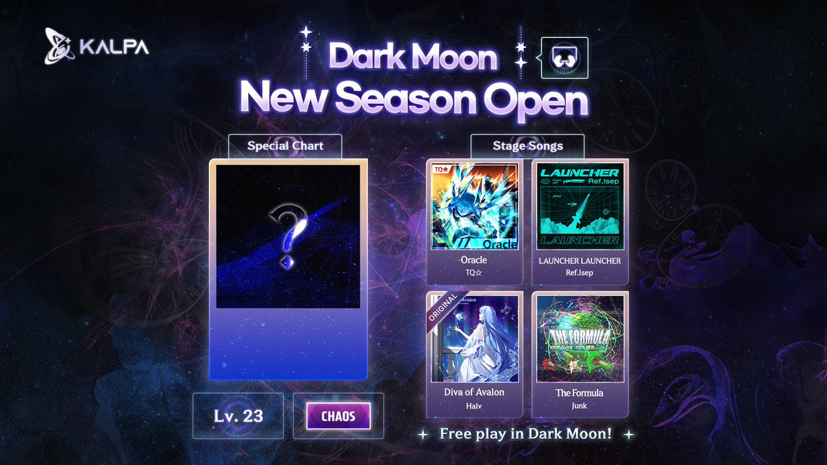 KALPA_twt's tweet photo. 🌒Dark Moon 新シーズン開幕

月の裏側に隠された特別な譜面を解放しよう！
未所持のステージ楽曲もプレイ可能です。

Play➡️https://t.co/n5CcJGCT0m

🌒Dark Moon 신규 시즌 오픈!

어두운 달 뒤편의 특별한 패턴을 개방해보세요!
보유 하지 않은 스테이지 곡도 플레이 할 수 있습니다.

Play➡️https://t.co/n5CcJGCT0m

🌒Dark Moon New Season Open!

Unlock the special chart hidden behind the dark side of the moon!
You can also play stage songs you don’t own.

Play➡️https://t.co/n5CcJGCT0m