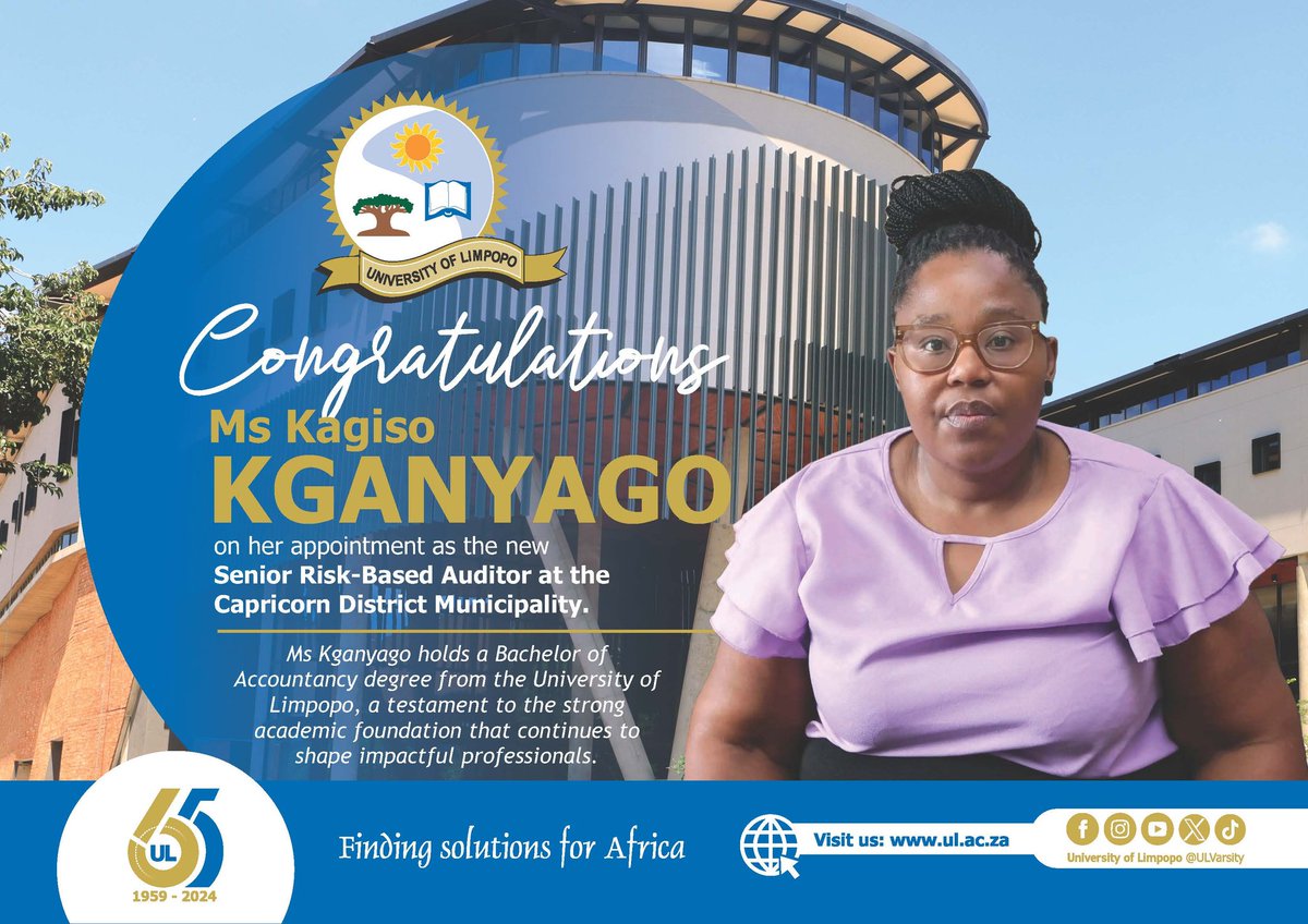 ULvarsity's tweet photo. 𝐀𝐋𝐔𝐌𝐍𝐈 𝐎𝐍 𝐓𝐇𝐄 𝐌𝐎𝐕𝐄

Congratulations to Ms Kagiso Kganyago on her appointment as the new Senior Risk-Based Auditor at the Capricorn District Municipality. #ULAlumniReconnect #IAmUL https://t.co/G89GEZcBqN