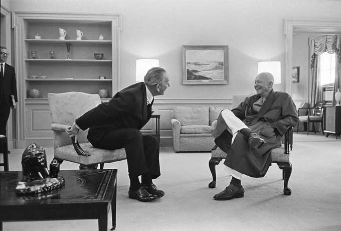 LBJ visiting Eisenhower at Walter Reed Hospital, 1968. Ike suffered 4 heart attacks and 14 cardiac arrests during his lifetime.