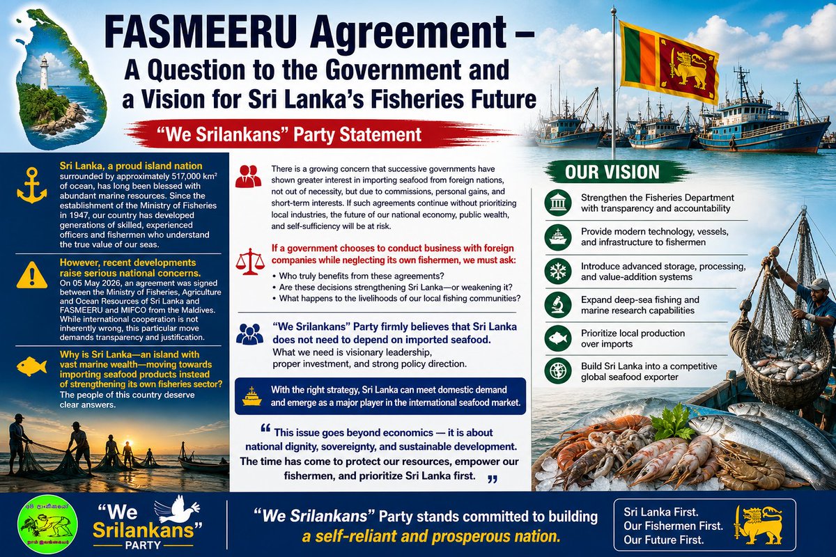 Nowsadhsolo's tweet photo. @adaderana FASMEERU Agreement raises serious questions.

Why is Sri Lanka—with 517,000 km² of ocean—importing seafood instead of empowering our own fishermen?

Who benefits? What about local livelihoods?

We demand transparency and a vision that puts Sri Lanka first. 🇱🇰 #WeSrilankans https://t.co/VZAGJiQUEE
