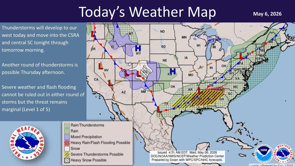 NWSColumbia's tweet photo. Thunderstorms will develop to our west today and move into the CSRA and central SC tonight through tomorrow morning. Another round of thunderstorms is possible Thursday afternoon.

Severe weather and flash flooding cannot be ruled out in either round of storms but the threat rema https://t.co/fX2JUyfmSu