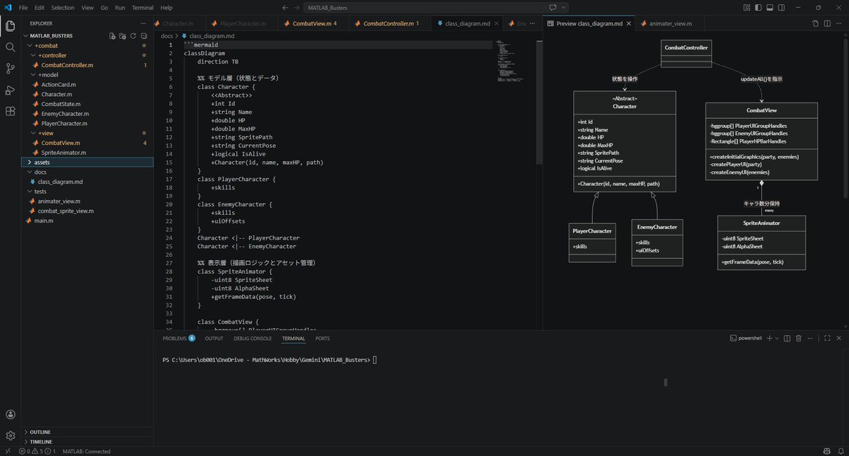 mahato_stragule's tweet photo. 現在の開発環境。
プライベート開発なので、VS Code の MATLAB 連携の拡張機能を試運転中。Mermaid の拡張機能も入れたので、クラス図を描きながら開発できてとてもいい感じ。
#MATLAB_Busters https://t.co/dGPS3OQUOv