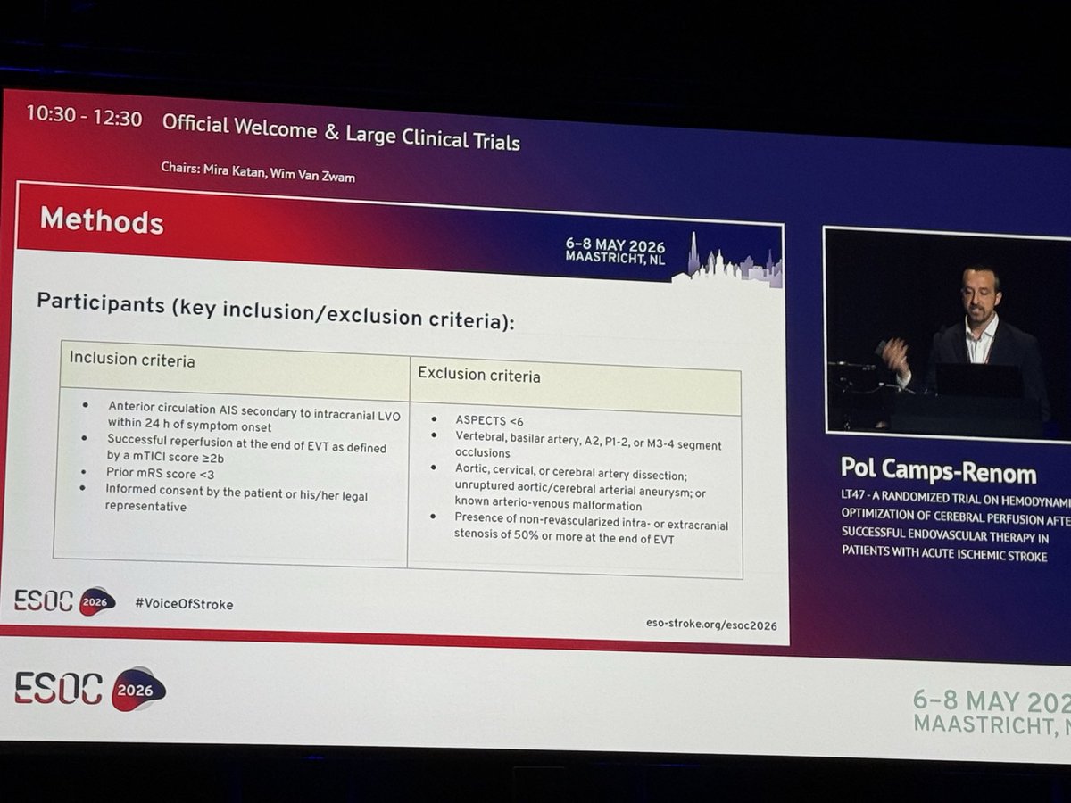 inna_lutsenko's tweet photo. Pol Camps-Renom presented positive #HOPE trial on cerebral perfusion after TE data from 11 Spanish centers by rigorous BP control post intervention 
Pts after #thrombectomy with TICI>2b compared to 2c and no intervention group #ESOC2026 @ESOstroke https://t.co/8JN2ptaAkG