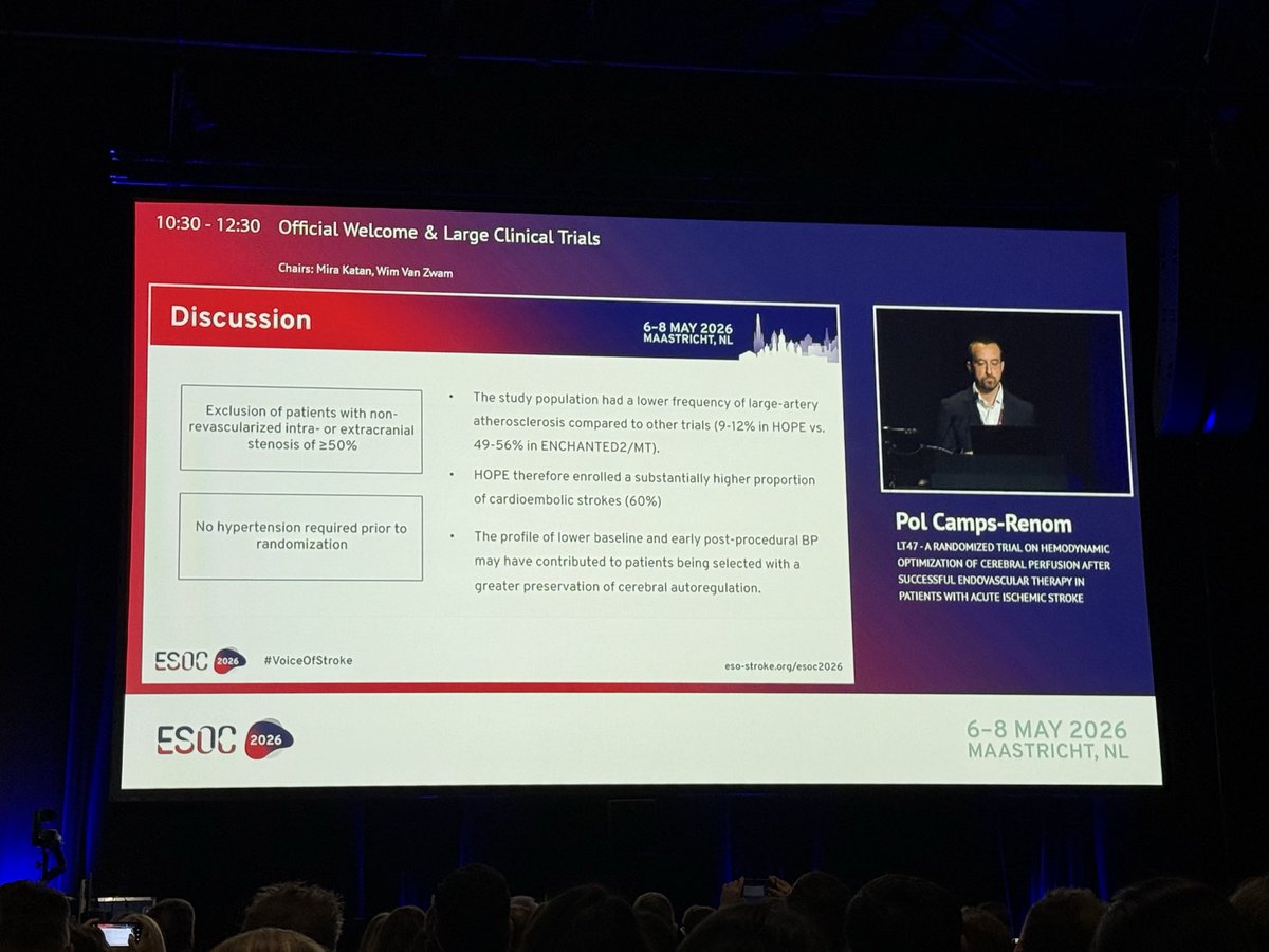 inna_lutsenko's tweet photo. Pol Camps-Renom presented positive #HOPE trial on cerebral perfusion after TE data from 11 Spanish centers by rigorous BP control post intervention 
Pts after #thrombectomy with TICI>2b compared to 2c and no intervention group #ESOC2026 @ESOstroke https://t.co/8JN2ptaAkG