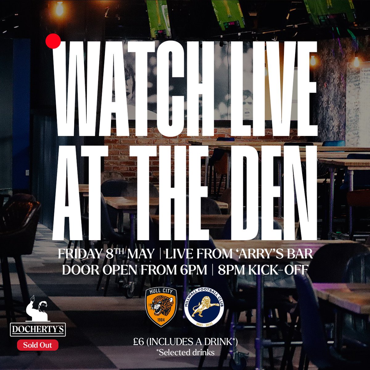 MillwallFC's tweet photo. 📺 Get your ticket for the screening of our Play-Off Semi-Final First Leg in 'Arry's Bar this Friday.

Docherty's is now sold out!
