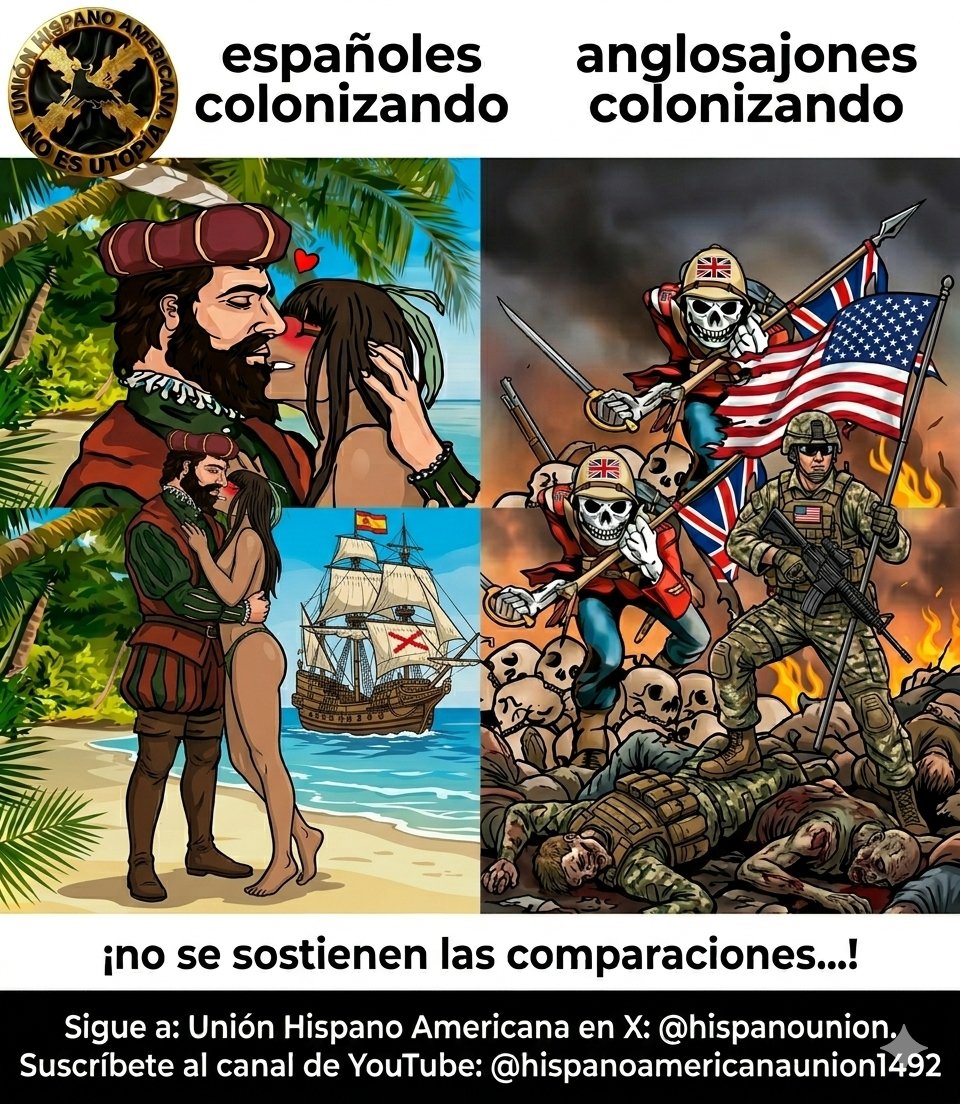 HispanoUnion's tweet photo. ¡La imagen lo dice todo!.

El modelo anglosajón: racismo, genocidio y apartheid. 💀
El modelo hispano: humanismo, mestizaje y unión. 🇪🇸🤝🌎

Mientras unos eliminaban, nosotros creábamos una nueva familia universal. 

¡No se sostienen las comparaciones...!

Sigue a: @HispanoUnion https://t.co/n5xKOiz6Bn