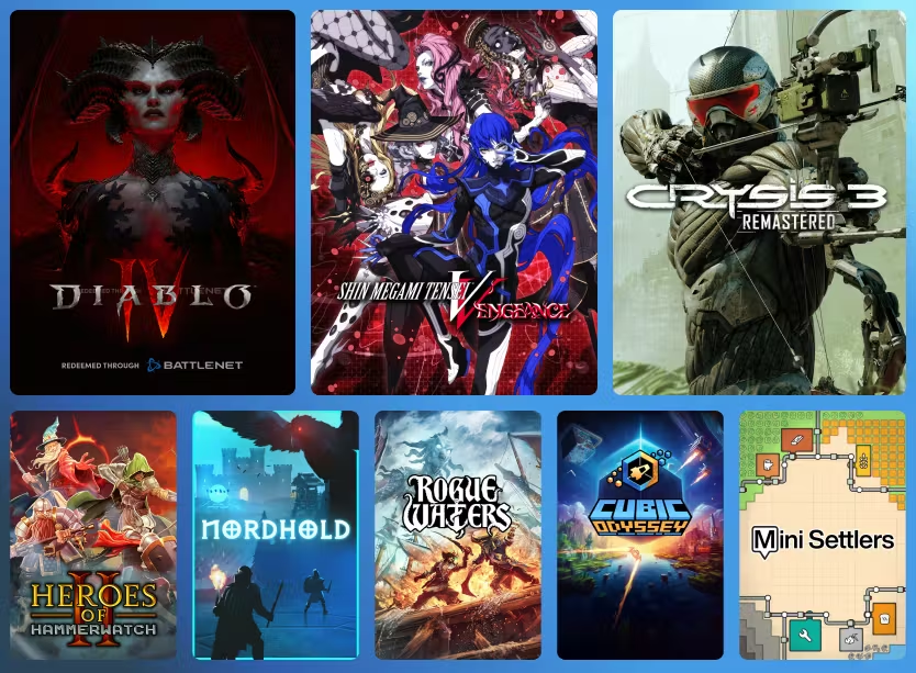 PosadaRpg's tweet photo. Vaya pedazo de Humble Bundle este mes.
No soy afiliado de @humble ni nada de eso.

Os lo comento porque me parece una burrada llevarte:
- Diablo IV
- SMT V Vengeance
- Heroes of HammerWatch 2 (Roguelike)
- Nordhold (Tower defense)
- Crysys 3 (Shooter)
- Etc... 
por solo 13€ https://t.co/8DWCohtatB