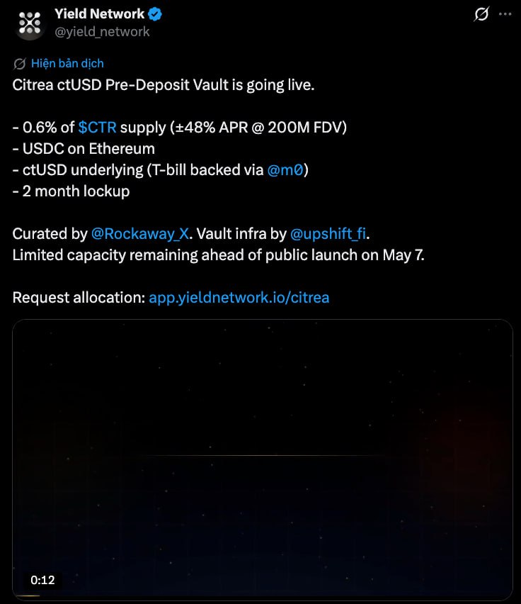 HakResearch's tweet photo. KÈO GỬI USDC NHẬN AIR TRÊN CITREA CÓ THỰC SỰ NGON?

Cảm giác là kèo khá ổn để tham gia đó ae 👀

@citrea_xyz đã chính thức triển khai chương trình $ctUSD Pre-Deposit Vault với một số các thông tin bao gồm:

1⃣ Tổng số tiền tham gia: 15 triệu đô

2⃣ Thời gian bắt đầu & khoá: 10h sáng 07/05/2026 (theo giờ Việt Nam) & 2 tháng

3⃣ Phần thưởng: 0.6% tổng cung $CTR

Bây giờ, ae mình cùng bắt tay vào tính toán xem liệu chương trình này của Citrea có thực sự ngon & đáng tham gia hay không nhé.

1⃣ Giả định tổng cung: 1B token $CTR

2⃣ 0.6% tổng cung được sử dụng làm phần thưởng tương đương với 6.000.000 $CTR

3⃣ 6M $CTR được phân bổ cho 15 triệu đô -> $1 được gửi vào $ctUSD Pre-Deposit Vault sẽ nhận được 0.4 $CTR 

Đơn giản $1 tiền gửi $USDC trên Ethereum = 0.4 $CTR

Từ đây ta sẽ có:

- FDV 100M -> $1 nhận $0.04 -> ROI: 4% -> APR: 12%

- FDV 200M -> $1 nhận $0.08 -> ROI: 8% -> APR: 48%

- FDV 300M -> $1 nhận $0.12 -> ROI: 12% -> APR: 72%

- FDV 400M -> $1 nhận $0.16 -> ROI: 16% -> APR: 96%

- FDV 500M -> $1 nhận $0.2 -> ROI: 20% -> APR: 120%

Lưu ý: ROI ở trên được tính dựa trên 2 tháng khoá $USDC Ethereum. 

Câu hỏi tiếp theo đặt ra là: "Tại thời điểm TGE, $CTR sẽ có mức định giá bao nhiêu?". Một câu hỏi thực sự khó nhưng chúng ta sẽ tìm một vài dữ kiện để tham khảo bao gồm: 

1⃣ Đầu tiên chúng ta xét đến @Polymarket, chúng ta có:

- Gần như 100% tin rằng $CTR sẽ có mức định giá từ 80M trở lên

- 50% tin rằng $CTR sẽ biến động trong mức 100 - 200 triệu đô.

- Chỉ có khoảng 30% tin rằng $CTR sẽ có mức định giá từ 300 triệu đô trở lên.

- 21% tin rằng $CTR có mức định giá từ 400 triệu đô trở lên.

Tuy nhiên, chúng ta phải xác định rằng mức độ chính xác của Polymarket không phải 100%. Các thông số trên sẽ có khả năng thay đổi khi có những thông tin như:

- $CTR niêm yết trên các sàn lớn như Binance hay Upbit thì tỷ lệ sẽ tăng.

- Citera công bố một vòng kêu gọi vốn với mức định giá nào đó thì tỷ lệ trên cũng sẽ có sự thay đổi.

Tuy nhiên, nếu không có sự thay đổi gì thì $CTR FDV khả năng khoảng 70% chạy theo Polymarket, nếu không có sự tác động trực tiếp vào giá cả của $CTR bởi đội ngũ phát triển.

2⃣ @yield_network đã chia sẻ về chương trình của Citrea khi nói rằng 0.6% tổng cung sẽ tương đương mức APR 48% nếu Citrea có mức định giá khoảng 200 triệu đô (giống với tính toán ở trên nhỉ 😅)

Liệu Yield Network đang ngầm ám chỉ $CTR có mức định giá 200 triệu đô tại thời điểm TGE?

3⃣ Citrea đã kêu gọi tổng cộng gần 17 triệu đô với sự tham gia của Maven 11, Founders Found, Delphi Digital, Galaxy,... & dàn Angel Investor khá chất lượng khi là những OG của Bitcoin, đặc biệt là Balaji Srinivasan - cựu CTO Coinbase, nhà đầu tư angel lớn, từng là CEO https://t.co/krySbPrMdQ, thường xuyên nói về Bitcoin.

Founders Fund dạo này nổi lên như sự bảo chứng cho Airdrop khổng lồ & đúng là như vậy khi mà Citrea có tới 12% tổng cung được sử dụng làm Airdrop tại thời điểm TGE, có thể claim được ngay.

-> Airdrop khổng lồ thường đi kèm với đó là mức định giá hấp dẫn.

TỔNG KẾT: Với bản thân mình thì mình có cảm giác là kèo $CTR này sẽ tương đối ngon & $CTR FDV hoàn toàn có thể đạt 200 triệu đô bởi vì:

- Founders Fund làm bảo chứng cho 1 dự án có Airdrop tốt.

- Thực tế thì 12% tổng cung được sử dụng làm Airdrop

Với một dự án dám sử dụng tới 12% tổng cung để làm Airdrop thì theo mình có vẻ dự án khá có tiềm lực về kinh tế. Tuy nhiên, tuyệt đối không nên đặt cược lớn hay all in vì vẫn tiềm ẩn những rủi ro về hacker tấn công hoặc TGE với FDV chỉ vài chục triệu đô.

P/s: Tuy vậy dự án này lại thuộc mảng BTC Layer 2 nên khá là 3 chấm nhé ae!