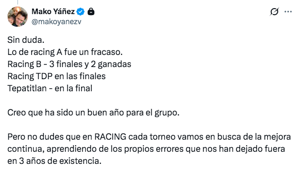 lamiradeldivino's tweet photo. El dueño del @RacingVeracruz_ @makoyanezv reconoció el fracaso de su equipo en la Liga Premier, pero aseguró que seguirán luchando por el anhelado ascenso deportivo ⚽️

Aseguró que el Grupo Racing tuvo logros importantes en la temporada.

Lee más aquí: https://t.co/mRtaChoZCW https://t.co/ZcIhohtbku