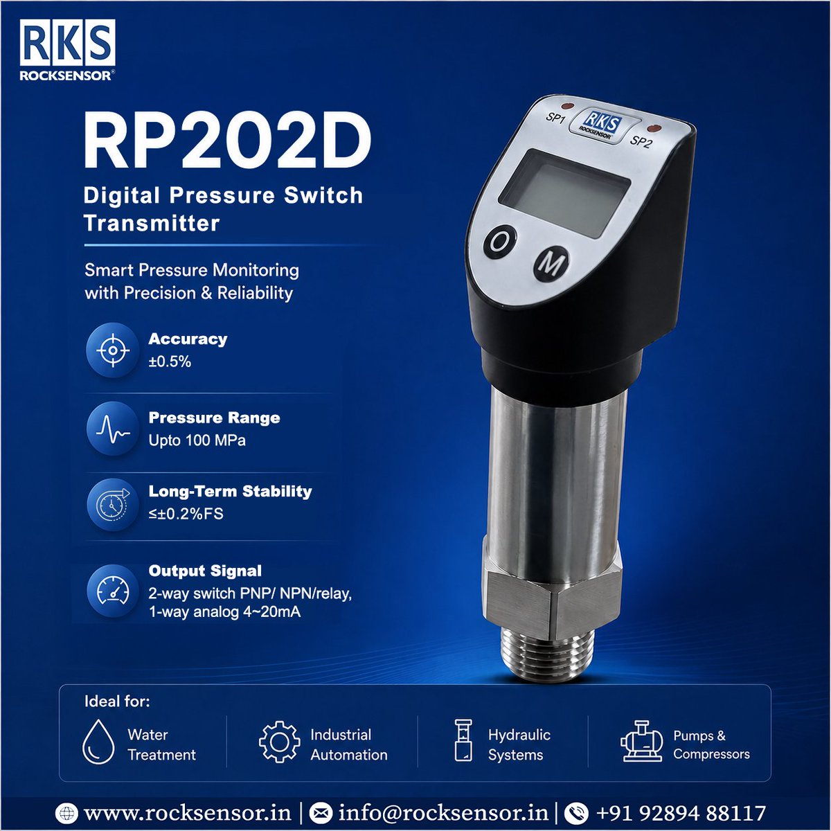 rocksensor_ind's tweet photo. 🔧 Protect pumps &amp; hydraulic systems with RP202D Digital Pressure Switch!

±0.5% accuracy | up to 100 MPa | PNP/NPN/Relay + 4–20 mA
Ideal for water treatment, compressors &amp; automation.
📩 Contact Rocksensor
#PressureSwitch #Hydraulics #IndustrialAutomation #Instrumentation https://t.co/07ZTZet1CU