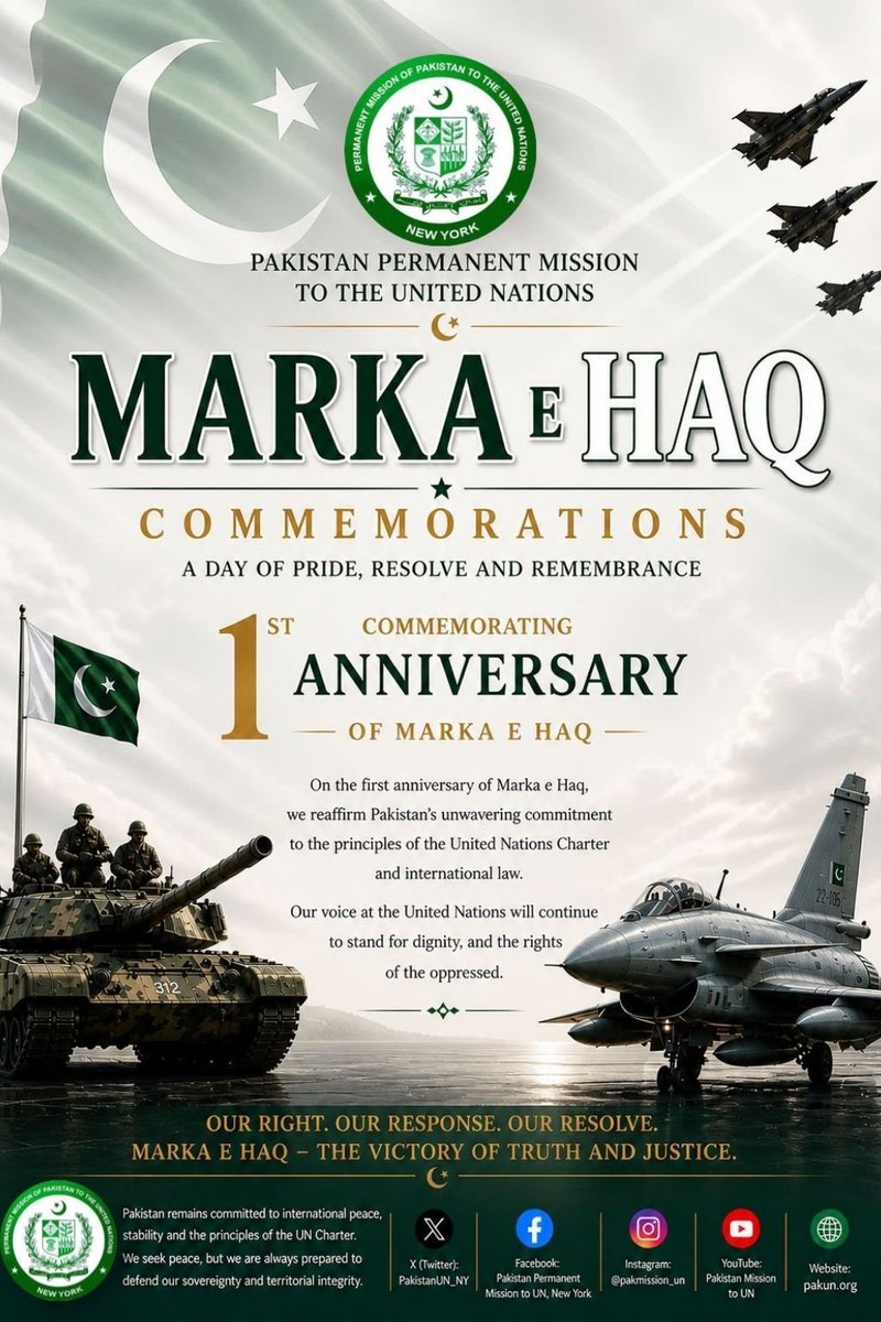 We pay tribute to Pakistan’s valiant Armed Forces on the first anniversary of #MarkaEHaq.

A symbol of unity and resolve, it reflects Pakistan’s firm commitment to defend its sovereignty, independence and territorial integrity.

Pakistan’s response to Indian aggression in May