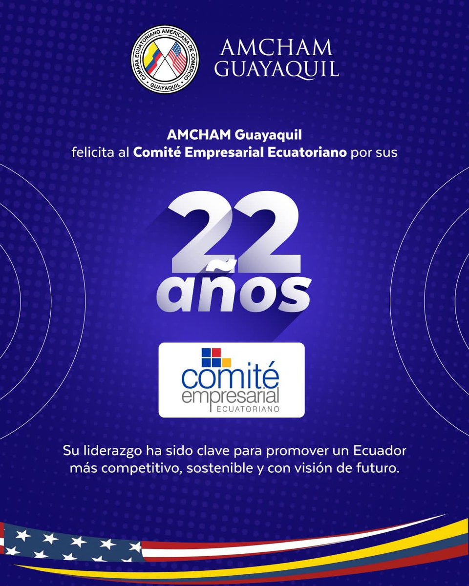 amchamgye's tweet photo. Desde AmCham Guayaquil saludamos al @CeEcuatoriano por sus 22 años de aporte al fortalecimiento del sector productivo del país.
Su liderazgo ha sido clave para promover un Ecuador más competitivo, sostenible y con visión de futuro. 

@ChairAmchamGYE https://t.co/hMhnuga4Je