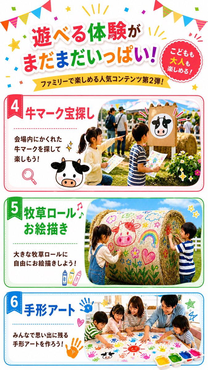 fun_fes2025's tweet photo. NAKASHIBETSU FUN FES.2026
遊べるエリアが充実🔥

大人が思いっきり弾けられるのは、
子どもたちの笑顔があってこそ✨

音楽だけじゃない。
今年のFUN FESは、
こどもも大人も、家族みんなで楽しめるコンテンツがさらに充実！

会場内には、
⭐️世界にひとつだけのオリジナルキャンドルが作れる
手作りローソク作り体験エリア✨

⭐️酪農の町・中標津ならではの
酪農搾乳体験エリア🐄

⭐️カラフルに自由に描いて遊べる
キットパスワークショップ🎨

⭐️会場内に隠れた牛マークを探す
牛マーク宝探しや、

⭐️大きな牧草ロールに自由に描ける
牧草ロールお絵描き、

⭐️みんなで思い出を残せる
手形アートまで登場予定！

⭐️子どもたちが思いっきり遊べる
消防車スライダー＆ビッグスライダーも登場🚒✨

道東の夏を、
音楽で楽しむ。
遊びで楽しむ。
家族で楽しむ。

今年のNAKASHIBETSU FUN FES.2026は、
ただのフェスじゃない。

一日中、思い出を作れる夏の遊び場です🔥

今年は、
北海道在住の小学生・中学生・高校生を無料ご招待します！

さらに！

ご来場全員分の
会場付近 特設駐車場も無料！

家族で、仲間で、
今年の夏は中標津へGO🚗

NAKASHIBETSU FUN FES.2026
7月4日（土）・7月5日（日）開催🔥

#NAKASHIBETSUFUNFES
#FUNFES2026
#中標津
#中標津町
#道東
#北海道イベント
#北海道フェス
#夏フェス
#家族で楽しめる
#キッズエリア
#体験エリア
#ワークショップ
#酪農体験
#キットパス
#北海道の夏
#思い出作れよ青春割