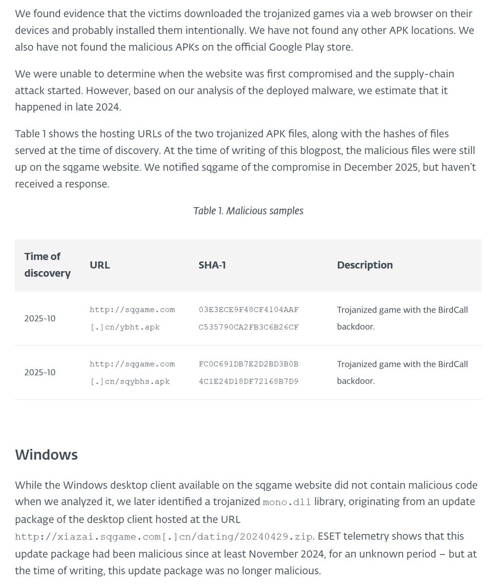 blackorbird's tweet photo. #APT37 
An ongoing attack by the ScarCruft APT group that targets the Yanbian region via backdoor-laced Windows and Android games
APK Package Name:
com.sqgame.hght
com.sqgame.ybhs
ref:
https://t.co/T4oKoqTXbR
IOCs
https://t.co/Rr7emT1Cd4 https://t.co/PdNqUmSZjT