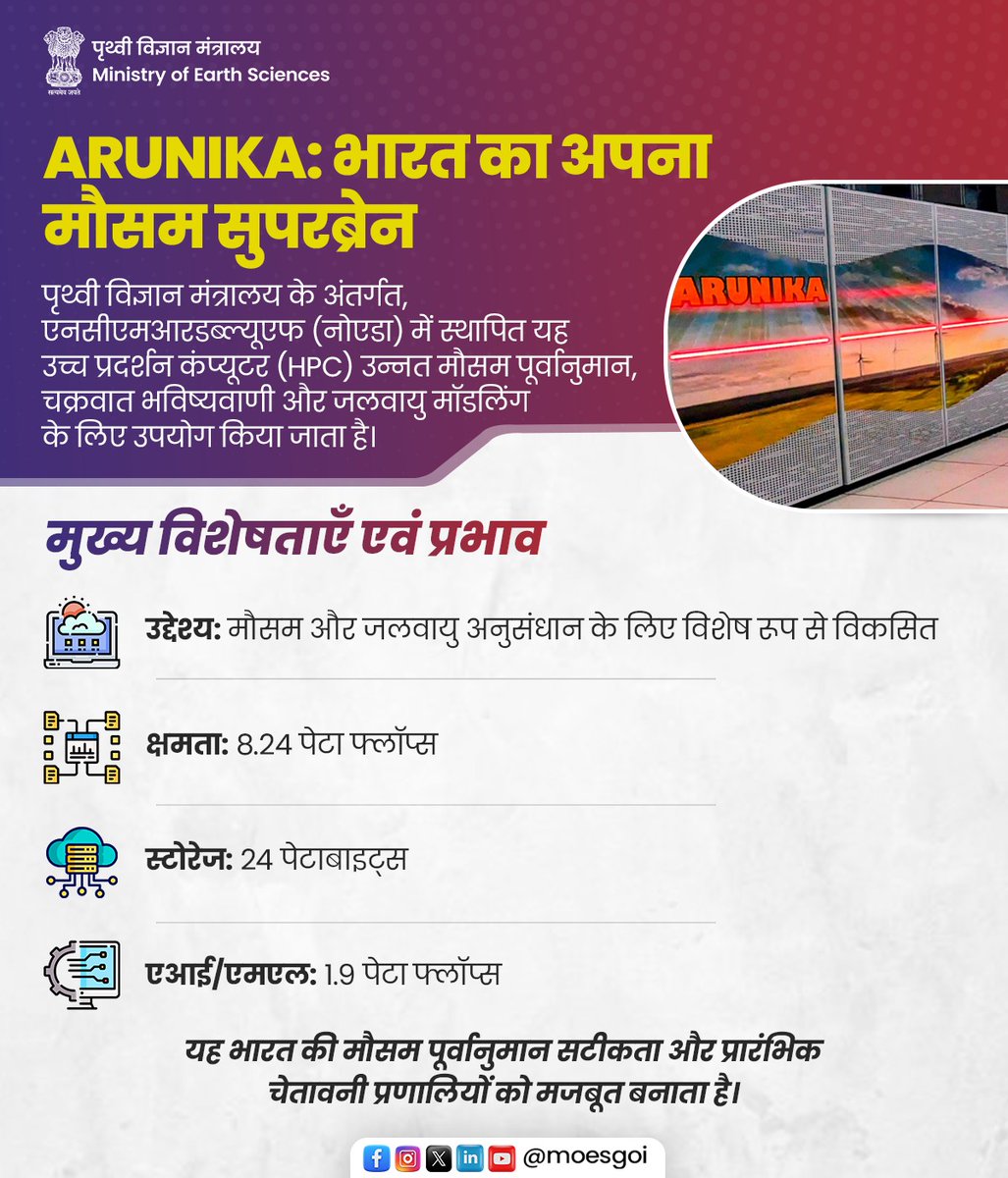 moesgoi's tweet photo. ARUNIKA, पृथ्वी विज्ञान मंत्रालय के अंतर्गत भारत का उन्नत मौसम सुपरकंप्यूटर, देश की पूर्वानुमान क्षमता को मजबूत बना रहा है। 

नोएडा स्थित @ncmrwfmoes में स्थापित यह प्रणाली सटीक मौसम पूर्वानुमान, चक्रवात ट्रैकिंग और जलवायु मॉडलिंग में सहायक है। 

उच्च क्षमता, तेज़ प्रोसेसिंग और AI/ML तकनीकों के साथ, ARUNIKA भारत की प्रारंभिक चेतावनी प्रणालियों को सशक्त बनाते हुए देश को अधिक सुरक्षित और तैयार बना रहा है।

#MoES #NCMRWF #ARUNIKA 

@narendramodi @mygovindia @PMOIndia @DrJitendraSingh @OfficeOfDrJS @PIB_India @PIBEarthScience @MIB_India @Ravi_MoES