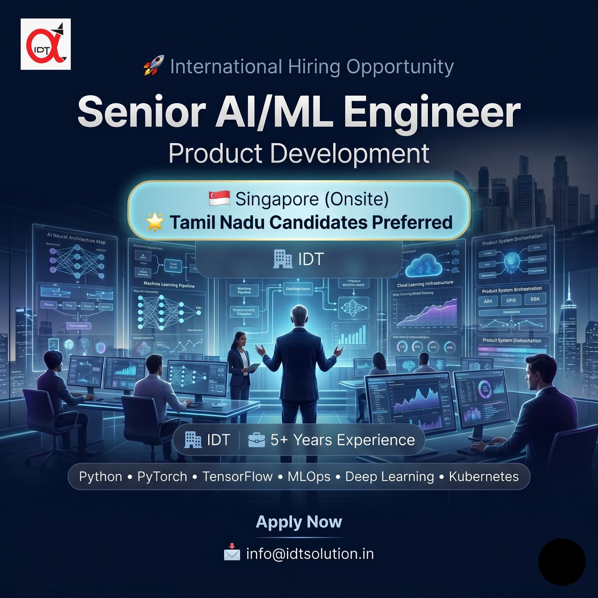 DhasIdt97753's tweet photo. 🚀 We’re Hiring : Senior AI/ML Engineer – Product Development
🏢 Company: IDT Solutions
📍 Location: Singapore (Onsite)
💻 Skills Required:
Python, TensorFlow, PyTorch, Scikit-learn, MLOps, Docker, Kubernetes, CI/CD, Cloud Platforms
#SeniorAIEngineer #MachineLearning https://t.co/gt9ttryUgS