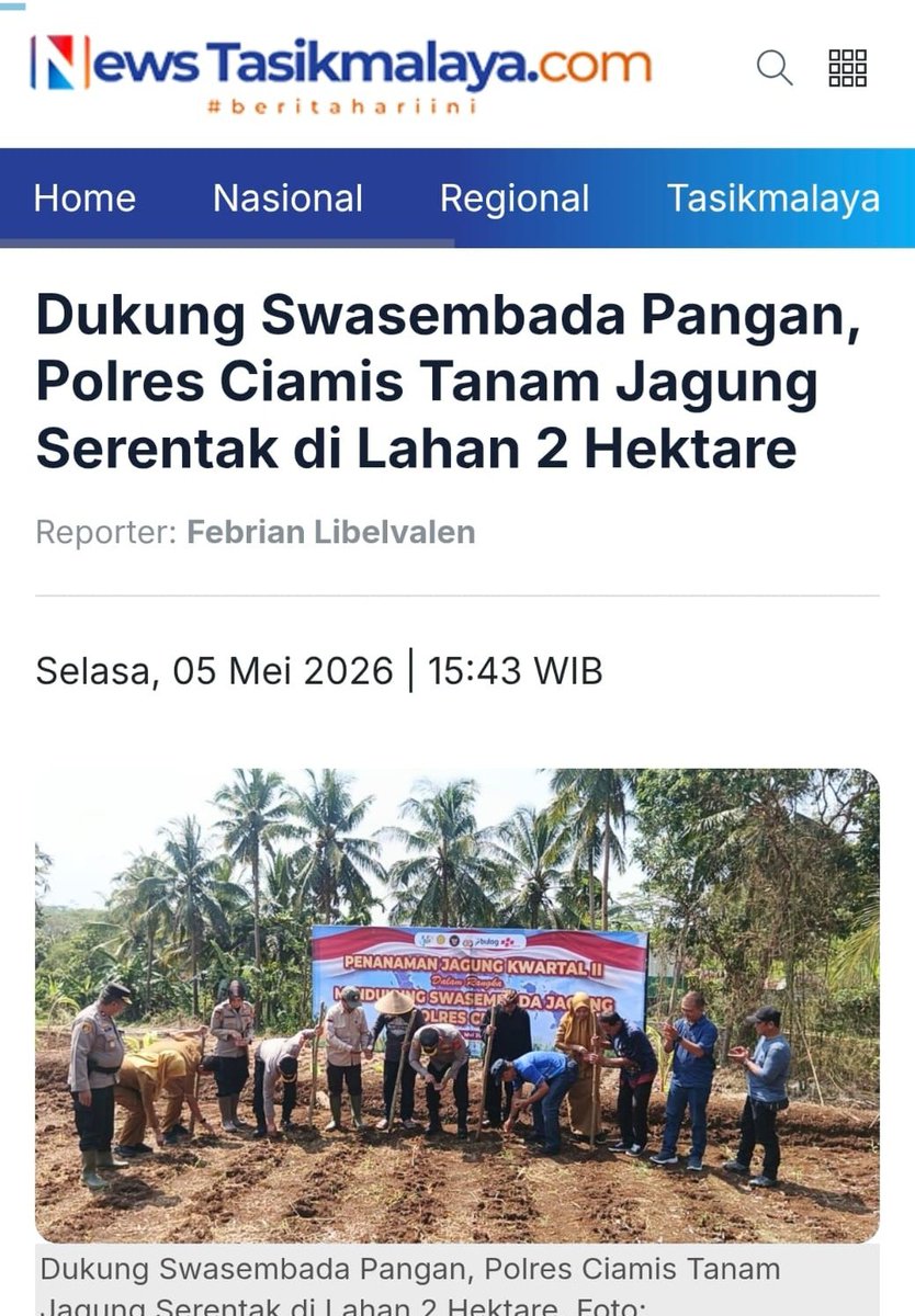 avagreen03's tweet photo. Menanam hari ini untuk ketahanan di masa depan. Salut atas inisiasi Polres Ciamis dalam Merealisasikan Ketahanan Pangan lewat gerakan tanam jagung serentak di lahan 2 hektare. Mantap #PeduliGiziIndonesia https://t.co/MgBIN0LXJA