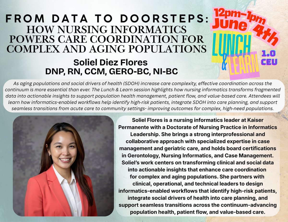AniaSocal's tweet photo. We’re serving food for thought… and no, you can’t DoorDash this kind.

Join us for a Lunch &amp; Learn with Soliel Flores DNP, RN, CCM, GERO-BC, NI-BC, a nursing informatics leader at Kaiser Permanente who turns clinical + social data into real‑world impact. https://t.co/gVez7sVh8N