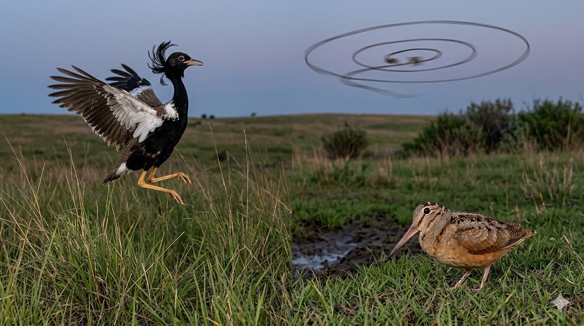 pargaien's tweet photo. A chapter “Sky Dance” in Aldo Leopold’s famous book A Sand County Almanac offers a classic portrait of the #NorthAmerican Woodcock, known for its early-morning courtship rituals.
Echoing this are the legendary displays of India’s #LesserFlorican—a masterclass in evolutionary adaptation. 🌾✨
While the Florican explodes in vertical leaps above monsoon #grasslands, the #Woodcock performs a high-altitude “Sky Dance” with musical wing feathers.
Both are spectacular reminders to protect these specialized habitats.
#WildlifePhotography #Nature #BirdsOfIndia #Conservation #BirdWatching
AI created image