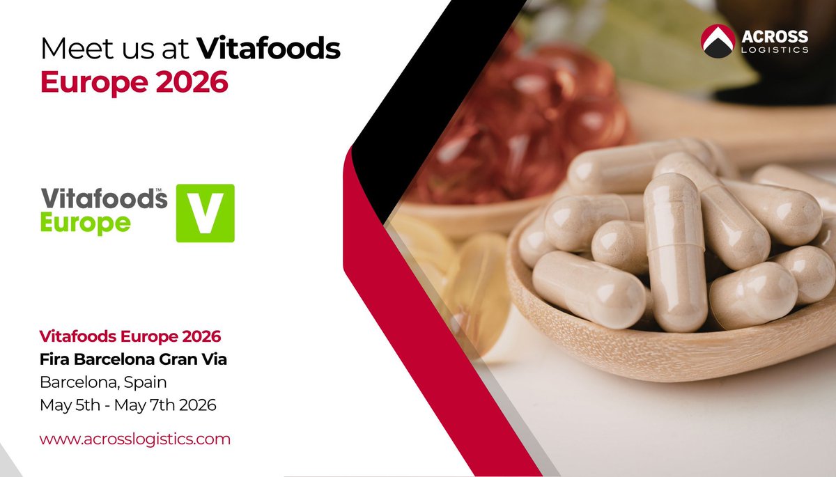 AcrossLogistics's tweet photo. Across Logistics at Vitafoods Europe 2026! 💊🌿

📅 Dates: May 5th – May 7th, 2026
📍 Location: Fira Barcelona Gran Via, Spain
🔗 https://t.co/EJJ0tgxdDU

#AcrossLogistics #VitafoodsEurope2026 #Nutraceuticals #PharmaLogistics #SupplyChain https://t.co/GEnBoJnHeU