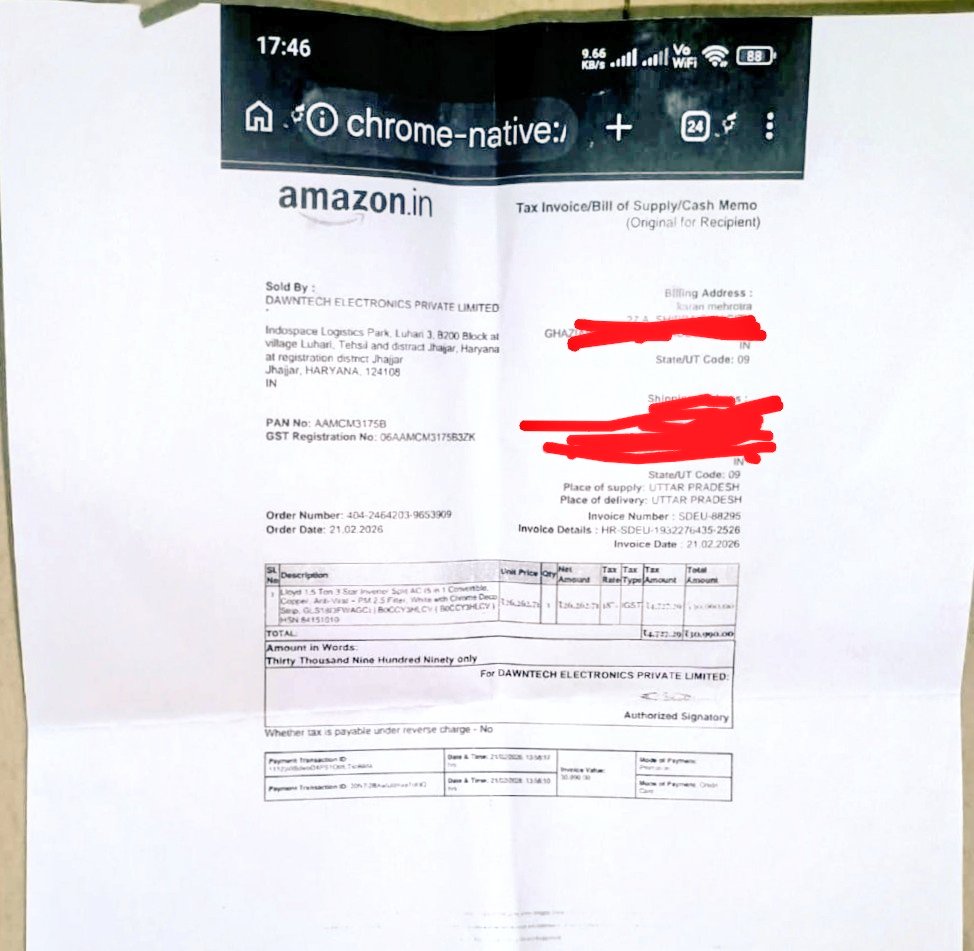 MissdOportunity's tweet photo. @havellsindia Would you believe that an 1.5 tons Lloyds AC paid on 20th Feb,  billed on 21st Feb, delivered on 24th Feb, partially installed on 28th Feb 2026, is still lying at our home without commissioning ?
Thanks to @amazonIN  inspite of a 20 calls n a 10 mails to both. https://t.co/doripIRFau