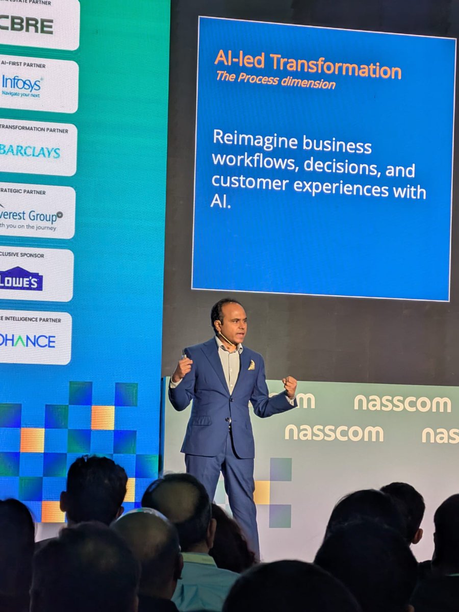 nasscom's tweet photo. AI changes everything, and GCCs are uniquely positioned to lead this transformation.

At Day 1 of #NasscomGCCSummit2026, @srikanth Velamakanni, Chairperson, Nasscom, shared how AI’s ability to reason, plan, and act in real-world environments is reshaping enterprises globally and unlocking multi-trillion-dollar opportunities.

India’s GCCs are at the core of this transformation, uniquely equipped to drive organization-wide AI adoption and innovation.

Three essential pillars to harness AI’s potential:

•  Process transformation: Rethink every function, supply chains, finance, marketing, and operations, end-to-end.

•  Build strong AI foundations: Prioritize data accuracy and context to tackle the complexity of enterprise-level AI solutions.

• Reskill workforces: Enable talent to adopt and lead AI-driven transformations for the future of work.

As GCCs shift from execution to strategy, India stands as the innovation hub of AI-driven enterprise transformation.

#EnterpriseAI #IndiaTech #Nasscom #GCC26 #ArchitectingTheStrategicLeap