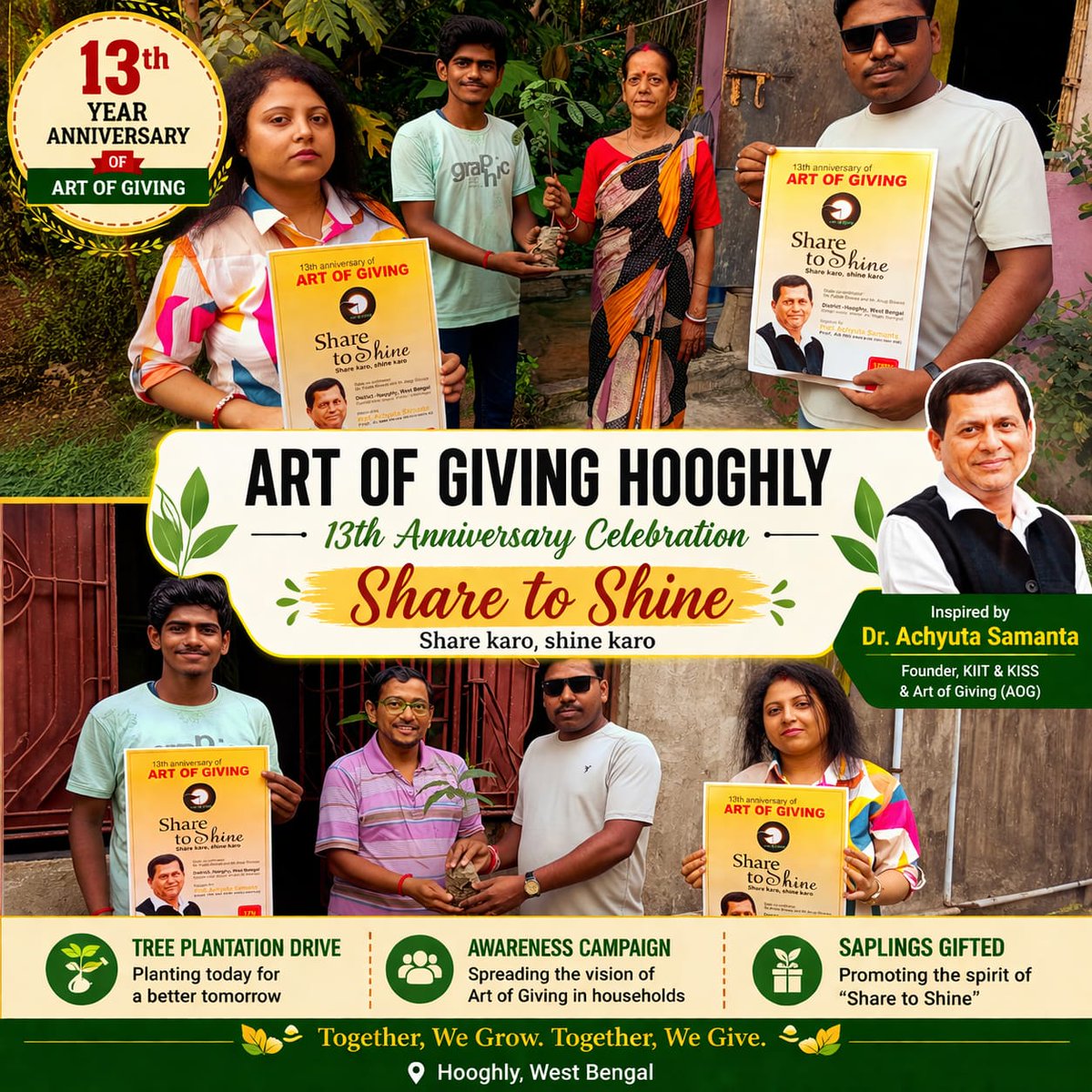 artofgiving_net's tweet photo. Marking the13th Anniversary of the International Day of Art of Giving, the Hooghly team came together to celebrate kindness through action. A tree plantation drive along with a community awareness initiative was carried out, reaching households with saplings and a message of greener living.

Guided by the vision of Prof. Achyuta Samanta, AOG volunteers connected with people to share the essence of giving and collective responsibility. With the theme “Share to Shine,” the effort reflected how small steps can nurture both nature and humanity.

Growing together, giving together.
.
.
.
.
#ArtOfGiving #ShareToShine #AOG2026