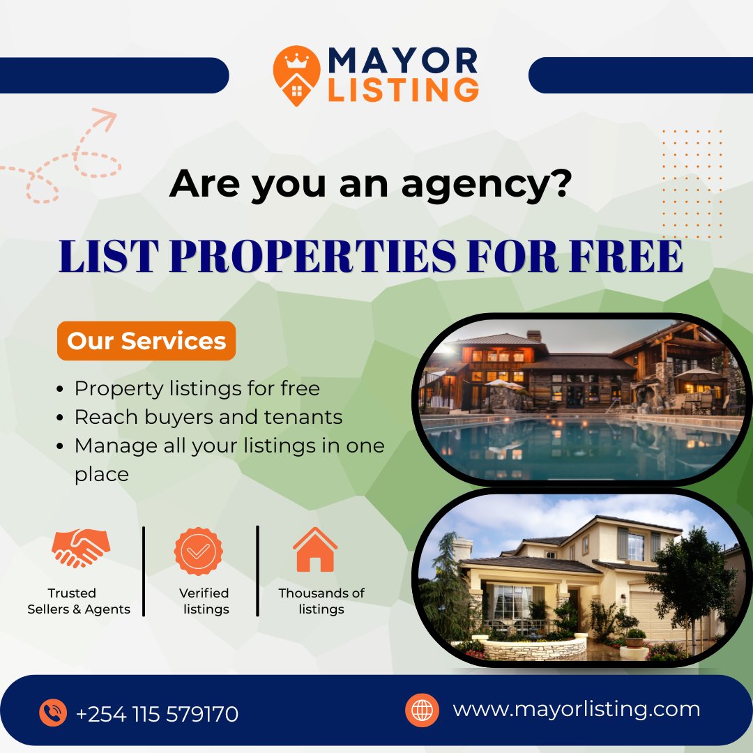 MayorListing's tweet photo. Are you a real estate agency? 🏡
List your properties for FREE on Mayor Listing and connect with serious buyers and tenants faster.

✔ Free property listings
✔ Reach more clients

Start listing today!! 

#MayorListing #RealEstateAgents #PropertyListings #KenyaRealEstate https://t.co/UqjLOz0bu1