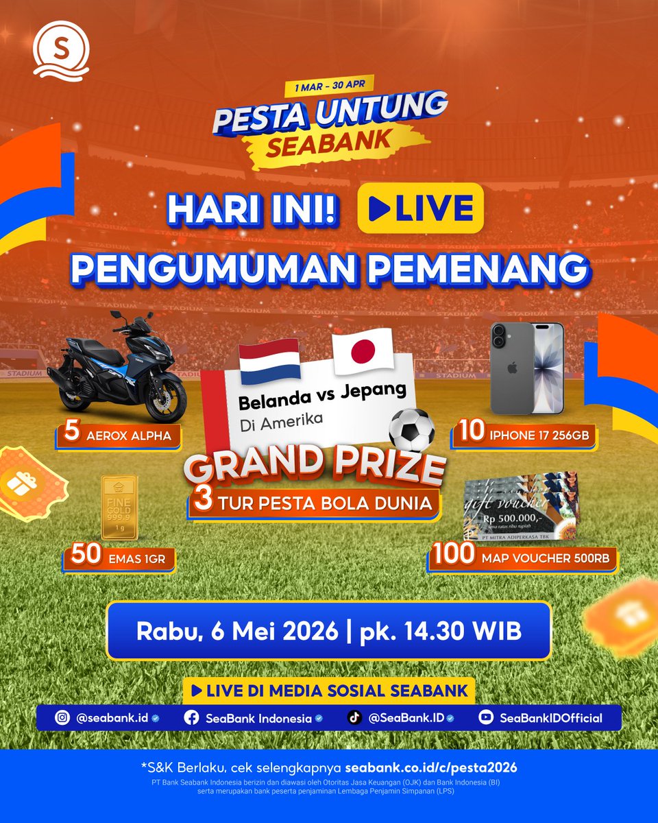 SeaBankID's tweet photo. HARI INI JAM 14.30! LIVE PENGUMUMAN PEMENANG PESTA UNTUNG SEABANK 2026

Saat yang ditunggu akhirnya tiba! Siapakah Sobat SeaBank beruntung yang memenangkan GRAND PRIZE Tur Pesta Bola Dunia dan Hadiah Lainnya di Pesta Untung SeaBank 2026? Jangan lewatkan LIVE pengumuman pemenang hari ini!

Catat waktunya:
🗓️: Rabu, 6 Mei 2026
⏰: 14.30 WIB

‼️Selain ada pengumuman pemenang Pesta Untung SeaBank 2026, MinSea juga ada kejutan VOUCHER 50RB untuk 50 Sobat SeaBank beruntung yang menonton LIVE. Sobat SeaBank pantengin terus ya! 

YouTube: SeaBankIDOfficial
Instagram: @seabank.id
Facebook: SeaBank Indonesia
TikTok: https://t.co/POiNC2ENFh

S&K berlaku, https://t.co/4GS9avxFsC

PT Bank Seabank Indonesia berizin dan diawasi oleh Otoritas Jasa Keuangan (OJK) dan Bank Indonesia (BI) serta merupakan bank peserta penjaminan Lembaga Penjamin Simpanan (LPS).