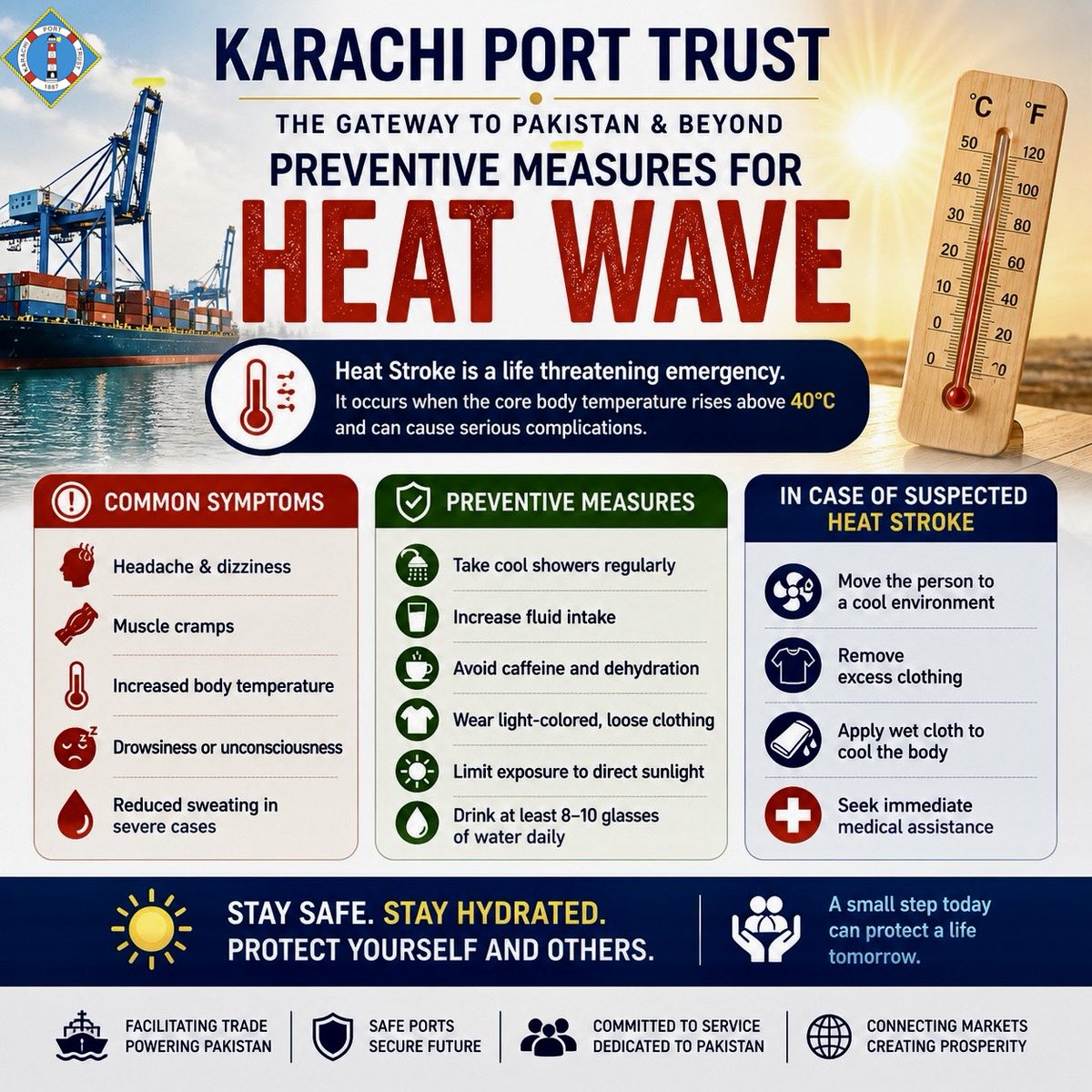 official_kpt's tweet photo. Stay Alert During Heat Wave Conditions

Everyone to take necessary precautions to protect themselves and others from extreme heat. Prolonged exposure to high temperatures can lead to heat exhaustion and heat stroke, which may become life-threatening if ignored.

Let us work together to ensure a safe and healthy environment for all port users, employees, workers, and visitors.