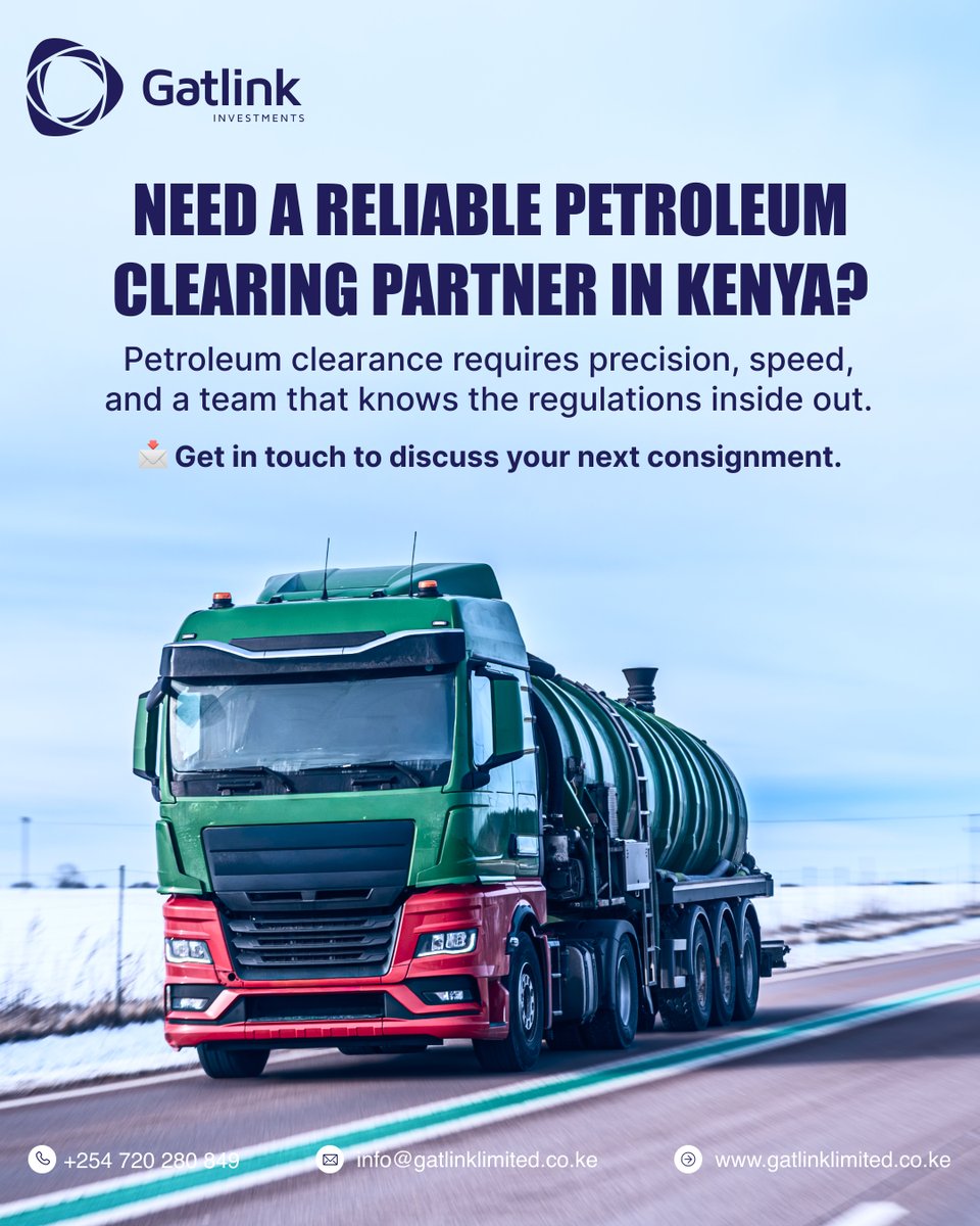 InvestGatlink's tweet photo. We offer specialist customs clearance for petroleum and petroleum products — handling the full compliance chain that this cargo demands:

That's not a risk your business can afford.

📩 Get in touch to discuss your next consignment.

#PetroleumClearing #OilAndGasKenya https://t.co/HTGqHV6U6A