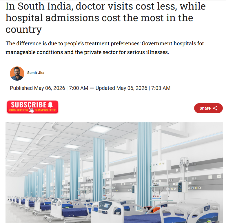 sumitjha__'s tweet photo. You live in the South. You believe your healthcare is better than the rest of India.

You are right. And you are wrong.

NSO survey reveals the paradox sitting at the heart of southern healthcare that nobody talks about openly.

Kerala charges ₹583 for a doctor's visit. Karnataka ₹629. Two of the cheapest states in the country for routine medical care. Tamil Nadu sends half its sick population to government hospitals for nearly nothing.

Now imagine you stop needing a doctor and start needing a hospital.

Kerala's hospitalisation bill climbs to ₹35,338. Tamil Nadu's hits ₹44,535. Telangana's reaches ₹46,316, the highest among all major states in India. Karnataka sits above the national average too.

The South has built public clinics so effective that your fever, your diabetes check, your routine prescription costs almost nothing. 

Then it built private hospitals so dominant in serious care that when illness turns critical, the bill arriving in your hand is among the highest in the country.

The South socialised the cost of daily illness. It privatised the cost of serious illness at a premium.

A routine cold costs you ₹583 in Kerala. The same person's cardiovascular treatment in a private hospital costs ₹70,456.

This is not a coincidence. This is a system working exactly as it was built, and the new national survey has finally put the numbers to it.
Read the full story: