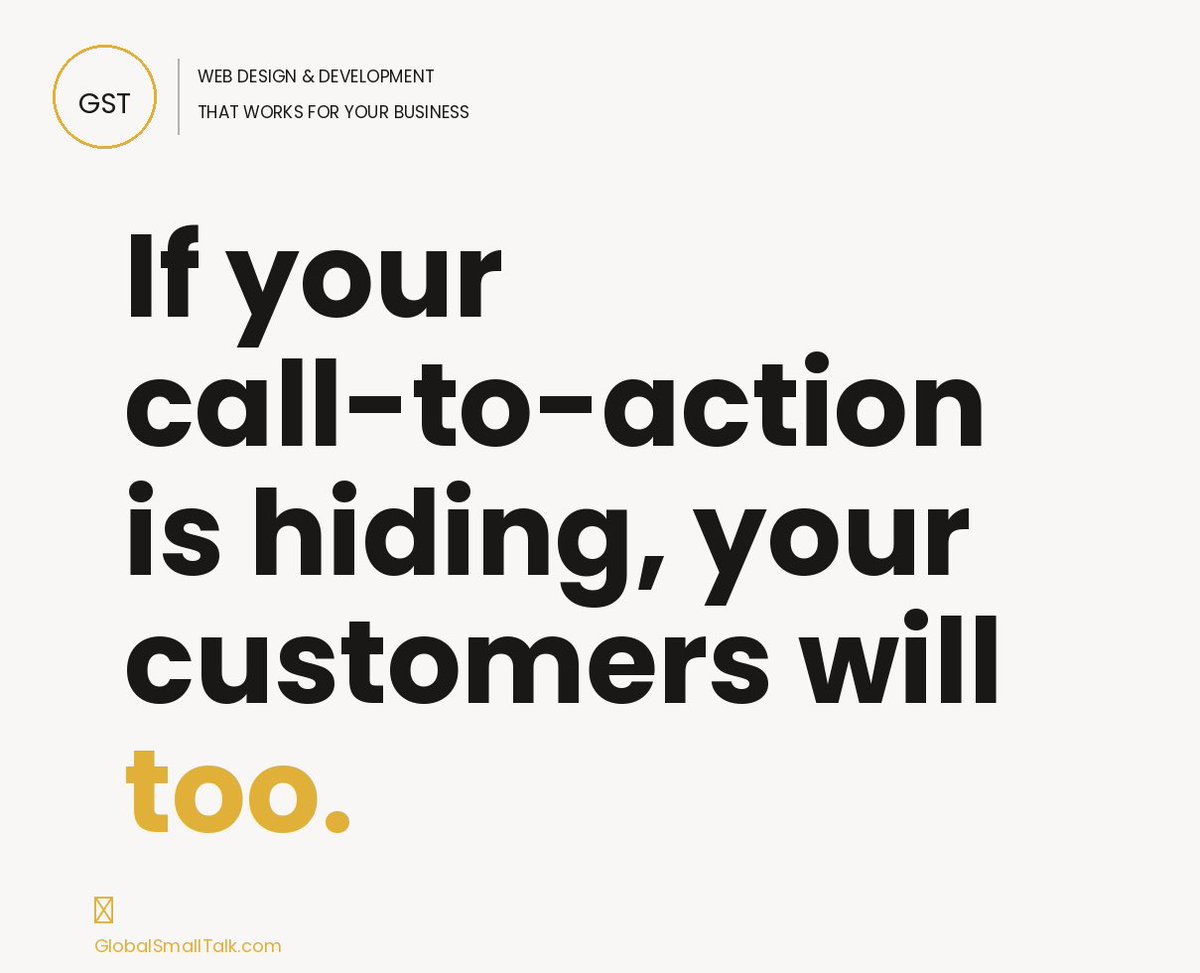 GlobalSmallTalk's tweet photo. If your call-to-action is hiding, your customers will too.  

#CTA #ConversionRate #WebDesign #Marketing https://t.co/uMf74OWaDl