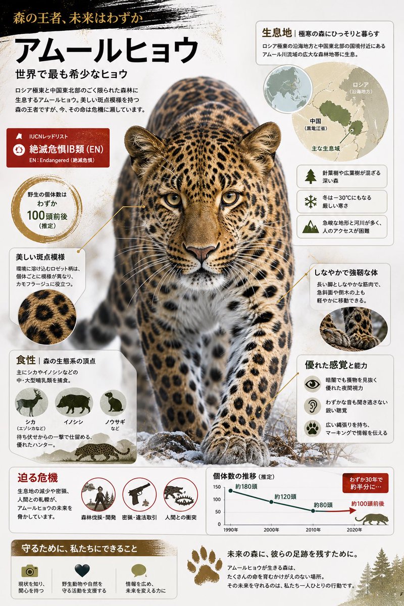nekomander07's tweet photo. 世界で100頭前後しか確認されていない絶滅危惧種、ア��ールヒョウ🐆  

極寒の森で生きる、美しくも希少な存在。  
その斑点模様も、生き抜くための進化です。  

未来へ残せるかは、私たち次第。🌍✨ https://t.co/wqkZGoBnX9