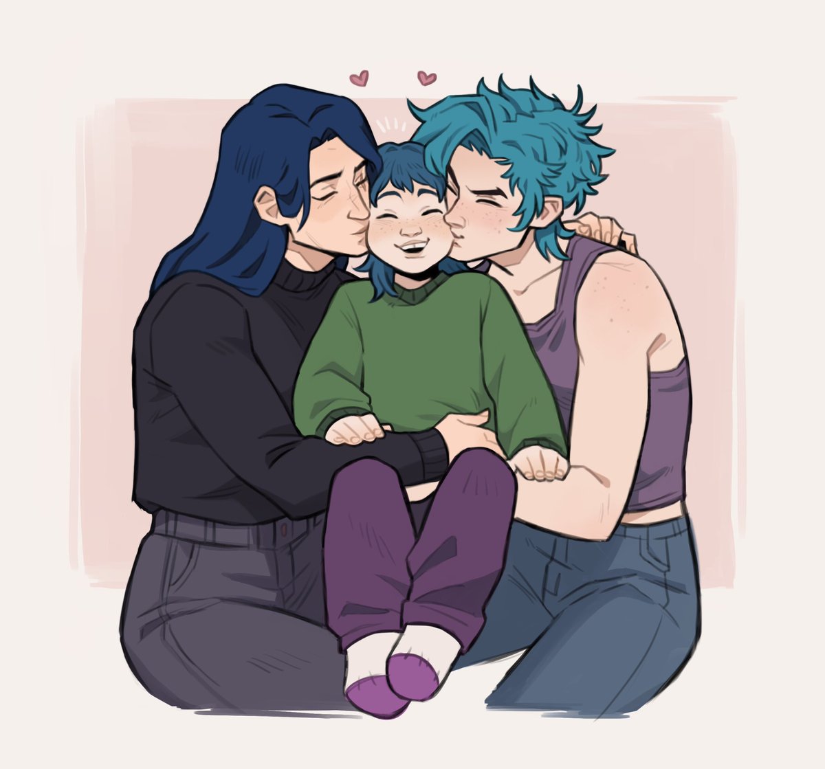 a #caitjinx family portrait featuring caitlyn and jinx’s daughter birdie !! this was drawn by the wonderful <a href="/ango_aleman/">ang 🥭 comms open</a> who i truly cannot thank enough.

#caitlynkiramman #jinx 💙🕊️