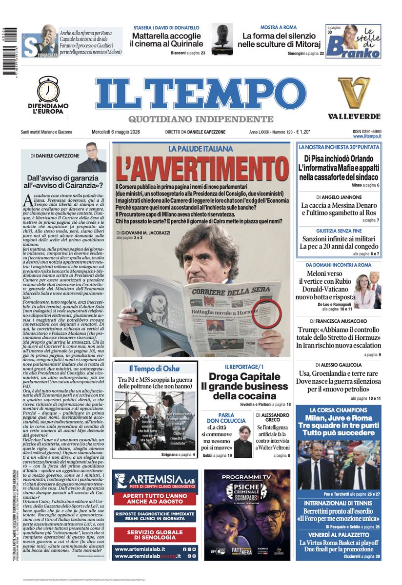 tempoweb's tweet image. 📌 L'AVVERTIMENTO Inchiesta su Mps-Mediobanca, il Corsera spara in prima pagina i nomi di nove parlamentari
📌 Mafia e appalti, così Di Pisa inchiodò Orlando
📌 Droga Capitale, il grande business della cocaina

🗣 La  prima pagina ⬇  #buongiorno #6maggio  🗞 #iltempoquotidiano
