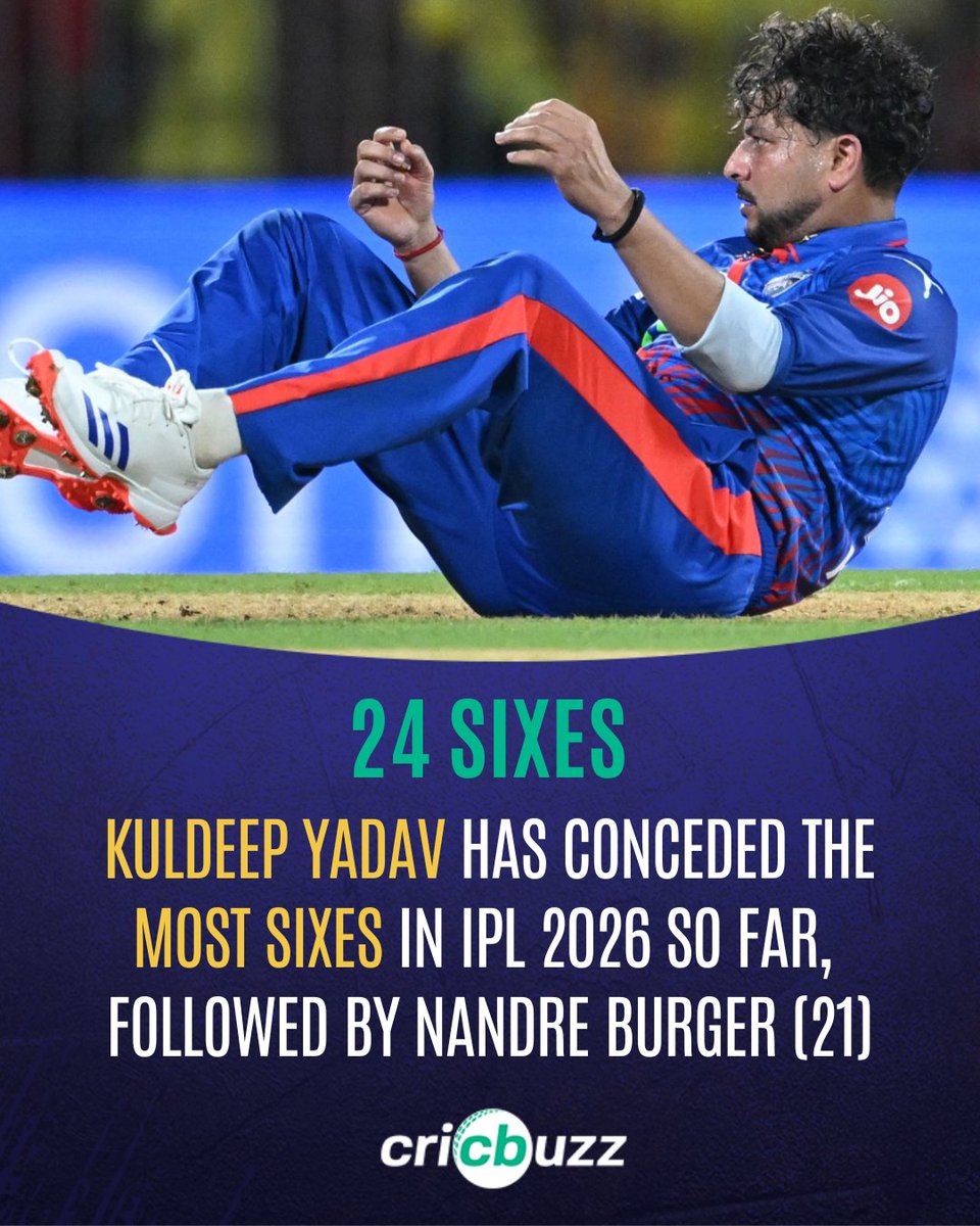 cricbuzz's tweet photo. Kuldeep Yadav has gone wicketless thrice in his last four #IPL2026 games. https://t.co/nPKCOxtSpp