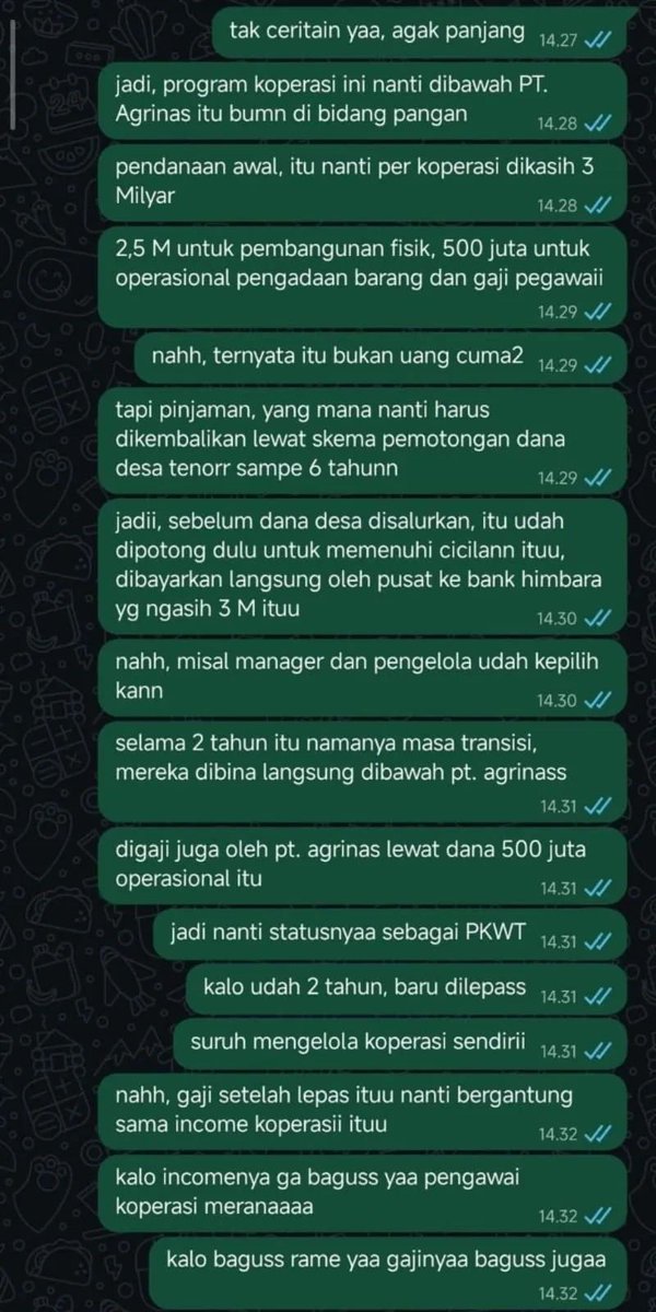 LambeSahamjja's tweet photo. Guys, ada info beredar tentang skema program KDMP/Koperasi Desa Merah Putih ya
Dari info yang beredar, skemanya kurang lebih kayak gini:

Program koperasi ini nantinya disebut berada di bawah Agrinas (BUMN sektor pangan)

Setiap koperasi disebut dapat pendanaan awal sekitar Rp3 miliar

Rinciannya:
- Rp2,5 miliar → pembangunan fisik/infrastruktur
- Rp500 juta → operasional, pengadaan barang, dan gaji pegawai

Tapi ada poin penting:
Dana Rp3 miliar itu disebut bukan hibah gratis
Melainkan:
- pinjaman
- harus dikembalikan

Skemanya disebut lewat pemotongan dana desa dengan tenor sampai 6 tahun.

Jadi sebelum dana desa cair penuh, nantinya ada potongan dulu untuk cicilan ke bank Himbara yang menyalurkan dana tersebut.

Soal pegawai:
Kalau manager/pengelola sudah terpilih:
- selama 2 tahun pertama masuk masa transisi
- dibina di bawah Agrinas
- status kerja disebut masih PKWT

Gaji juga disebut berasal dari dana operasional Rp500 juta tadi.

Setelah 2 tahun:
Koperasi akan dilepas untuk dikelola mandiri.

Nah di tahap ini penghasilan pegawai bakal tergantung performa koperasi:
- kalau income koperasi bagus → gaji bisa bagus
- kalau income koperasi jelek → pegawai bisa kena dampaknya

yang jadi pertanyaan dana awan 3 miliar itu datangnya darimana?
siapa yang menanggung klo mandek?

targetnya bakal ada 81.000 unit selama prabowo 
berati 81.000 x 3 miliar = 243.000.000.000.000
Jadi hasilnya adalah Rp243 triliun.
setara MBG 1 tahun kurleb

MBG + Kopdes = combo maut 
kalo kolaps bisa kolaps juga nih indonesia?